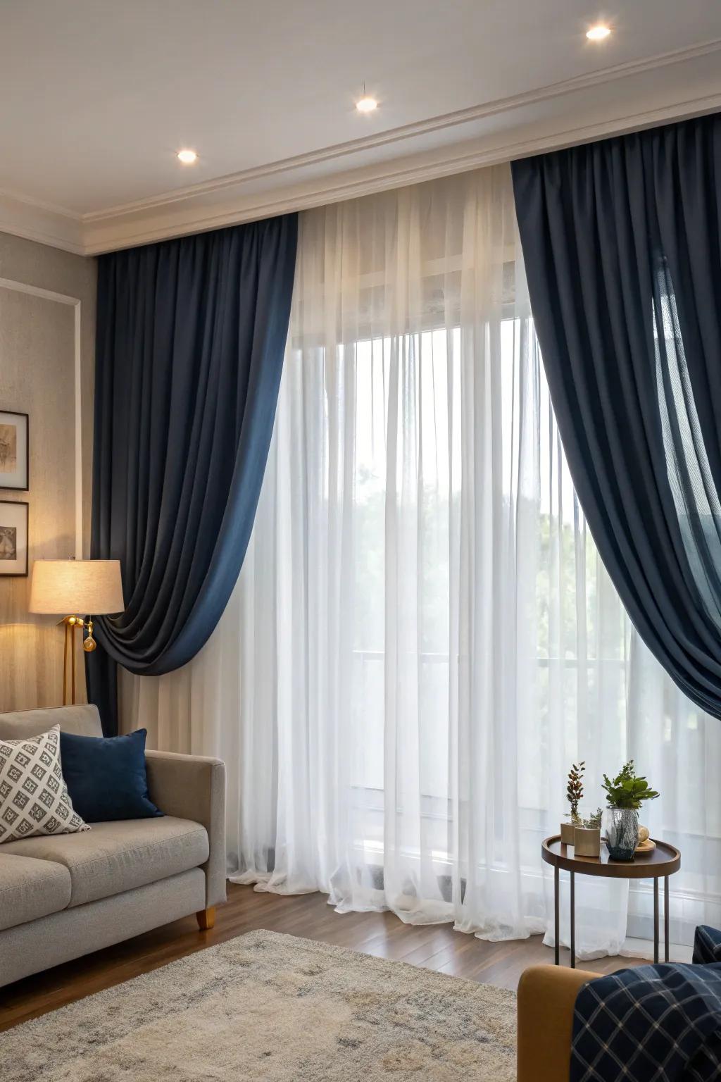 Layered curtains bring style and adjustability.