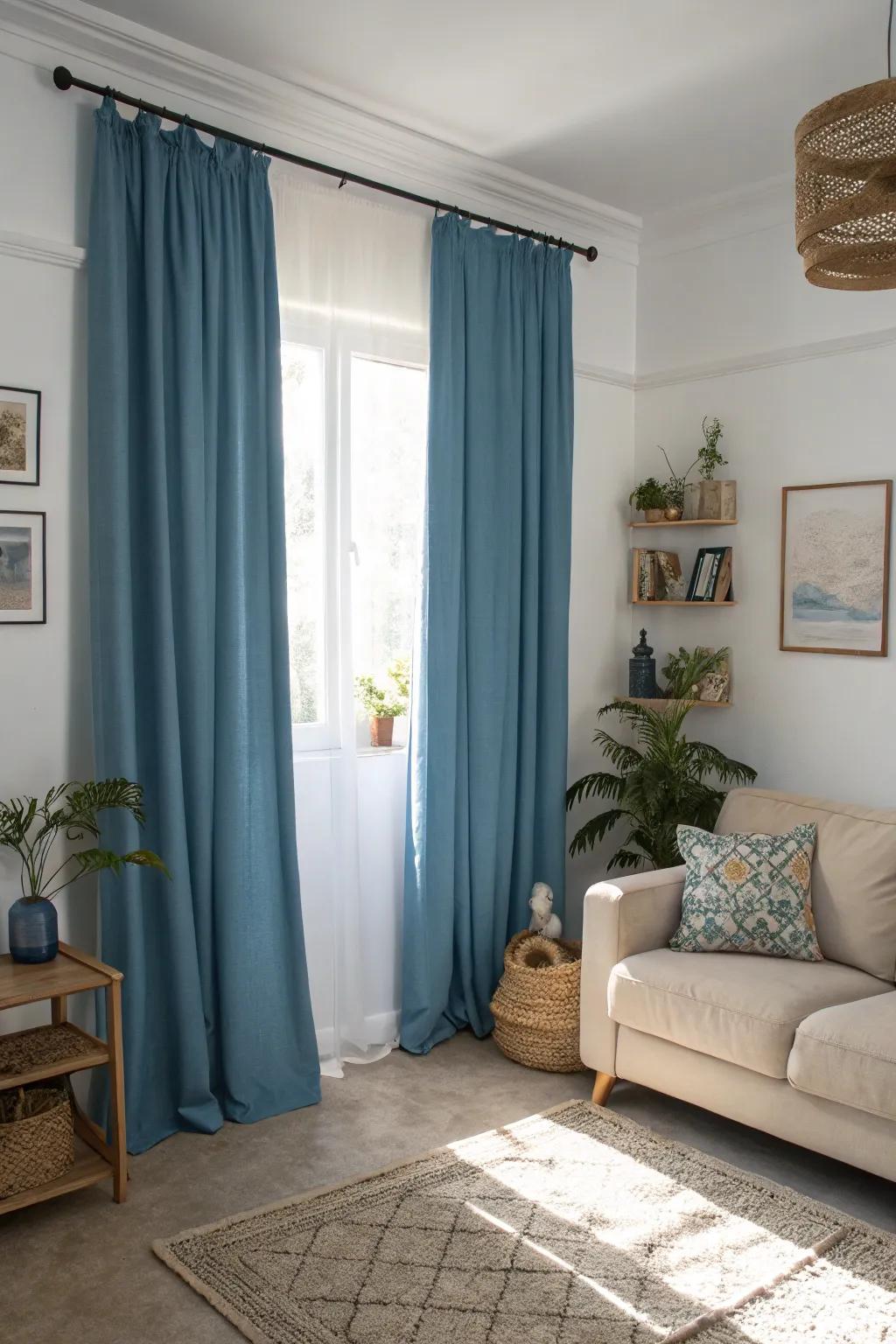 A serene living room showcasing blue curtains alongside neutral tones, creating a tranquil and elegant atmosphere.