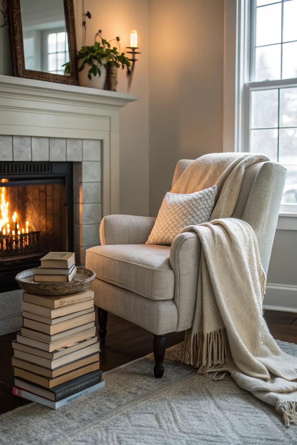 A cozy living room corner with a fireplace and an inviting armchair for reading.