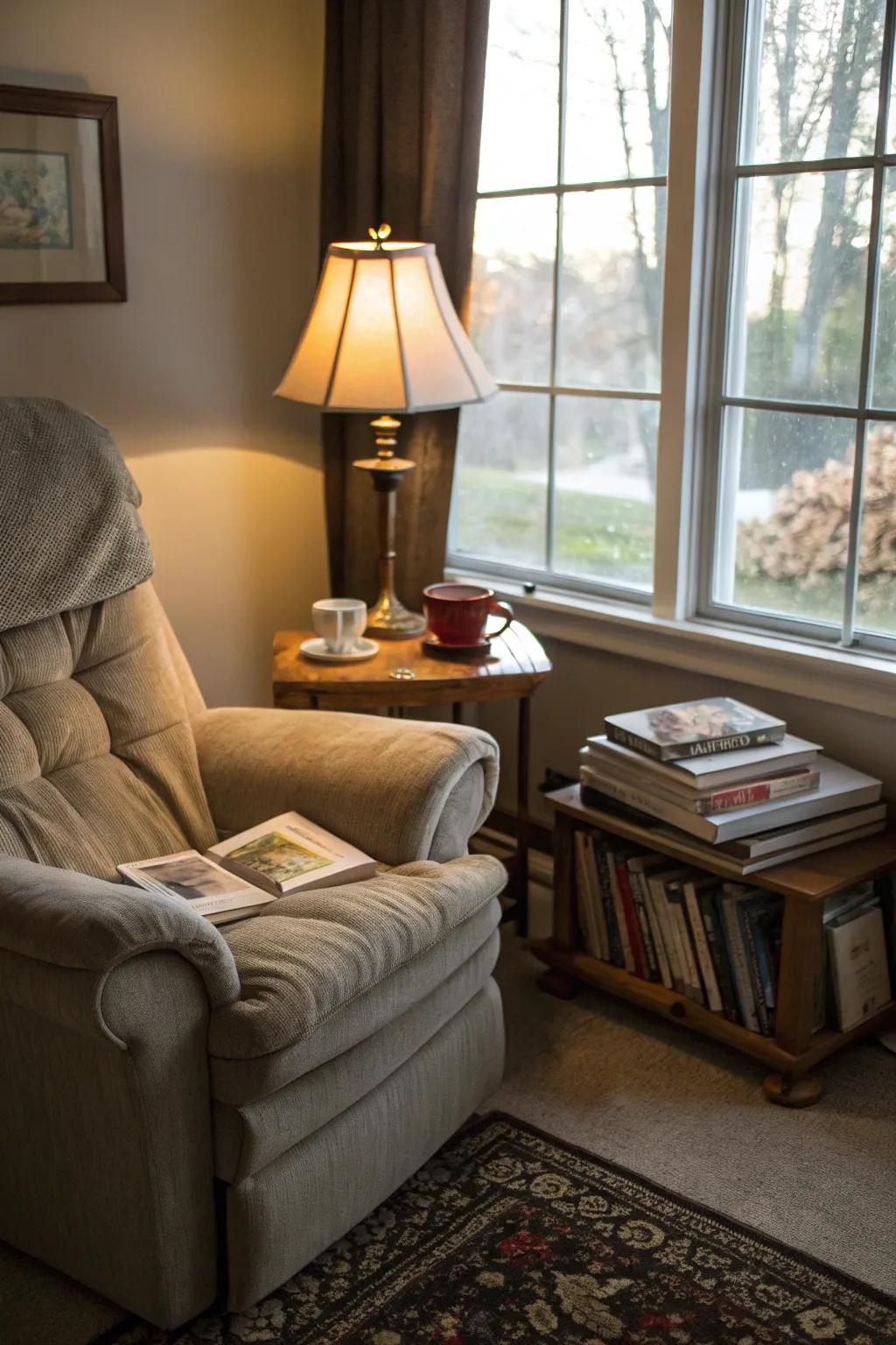 A peaceful reading spot featuring a cozy recliner, ideal for relaxation.