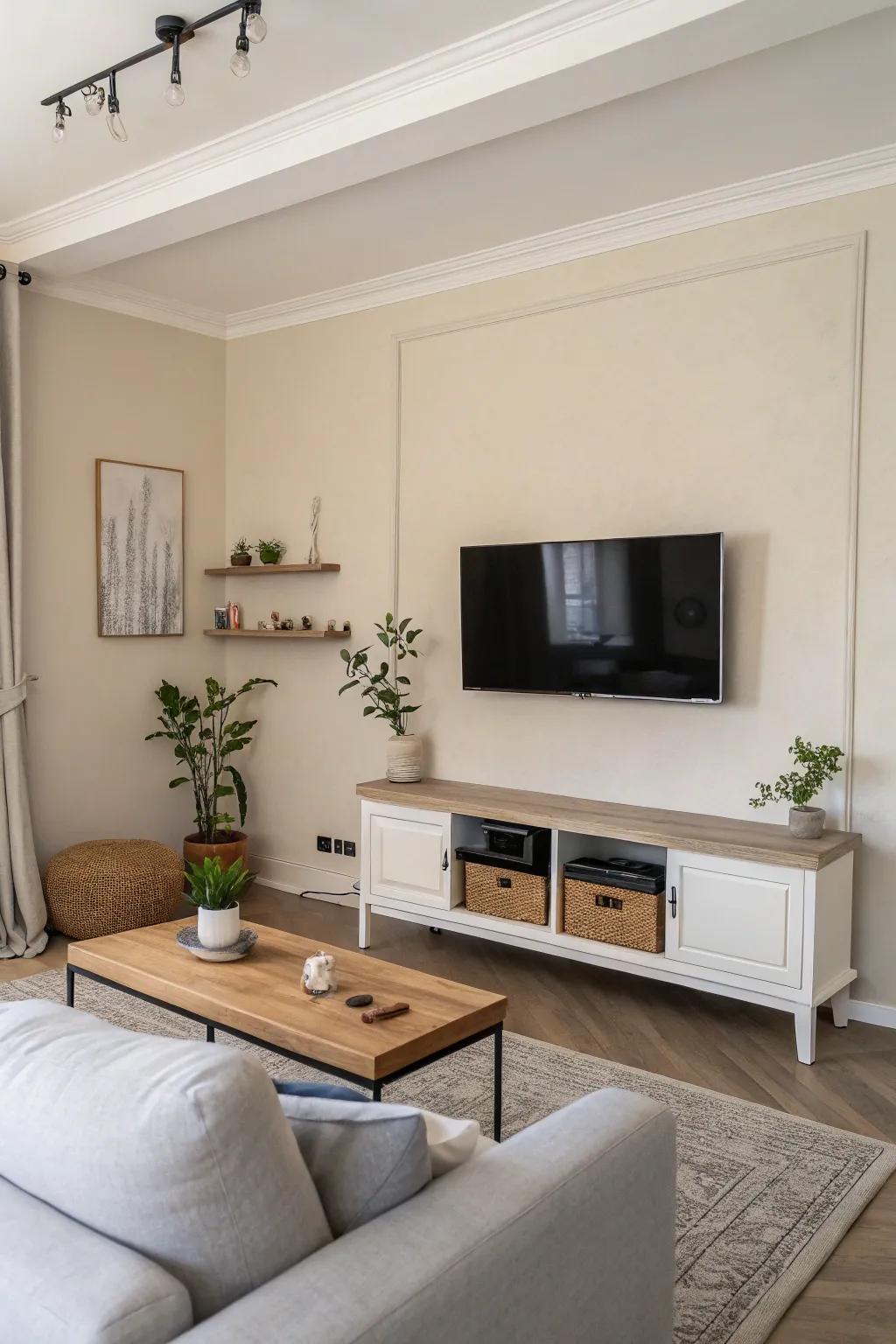 A minimalist family room featuring a wall-mounted TV for a sleek, modern aesthetic.