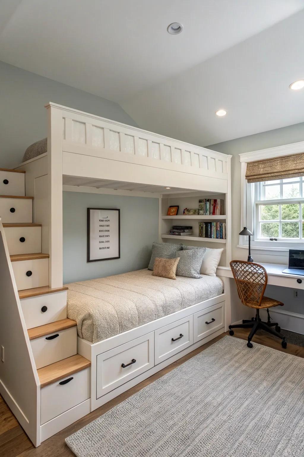 A slim loft bed fits perfectly into rooms with low ceilings.
