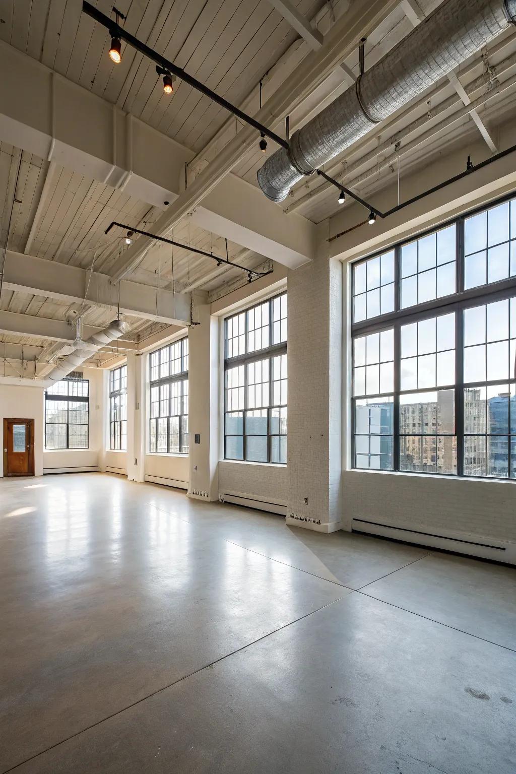 Open-concept layout featuring high ceilings in a loft setting.