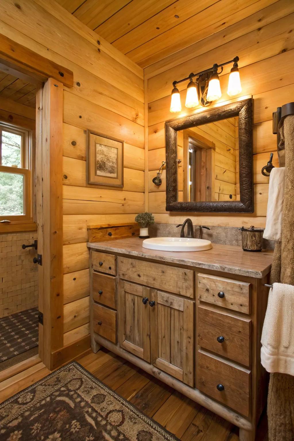 A log cabin bathroom showcasing a refurbished wood vanity.