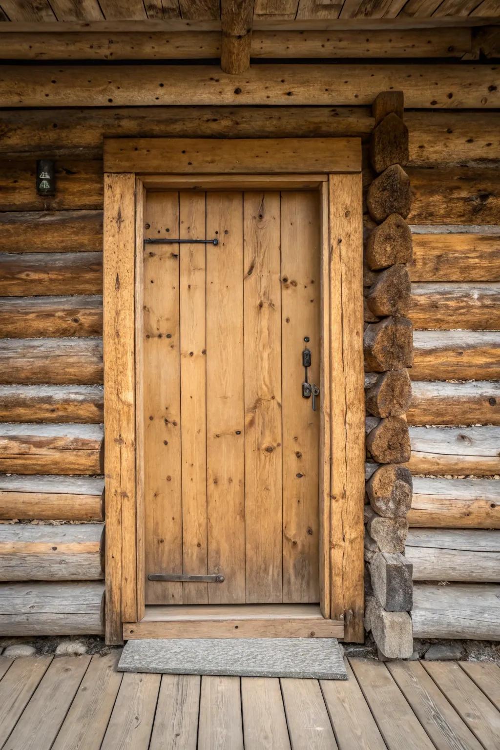A countryside log cabin door highlighting the timber’s innate texture.
