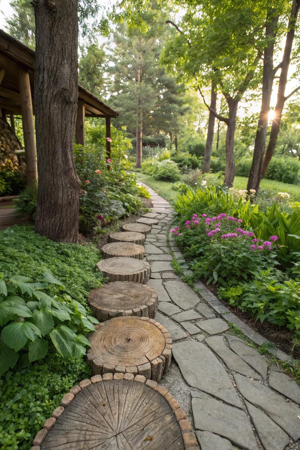 A garden path beautifully crafted with log slices.
