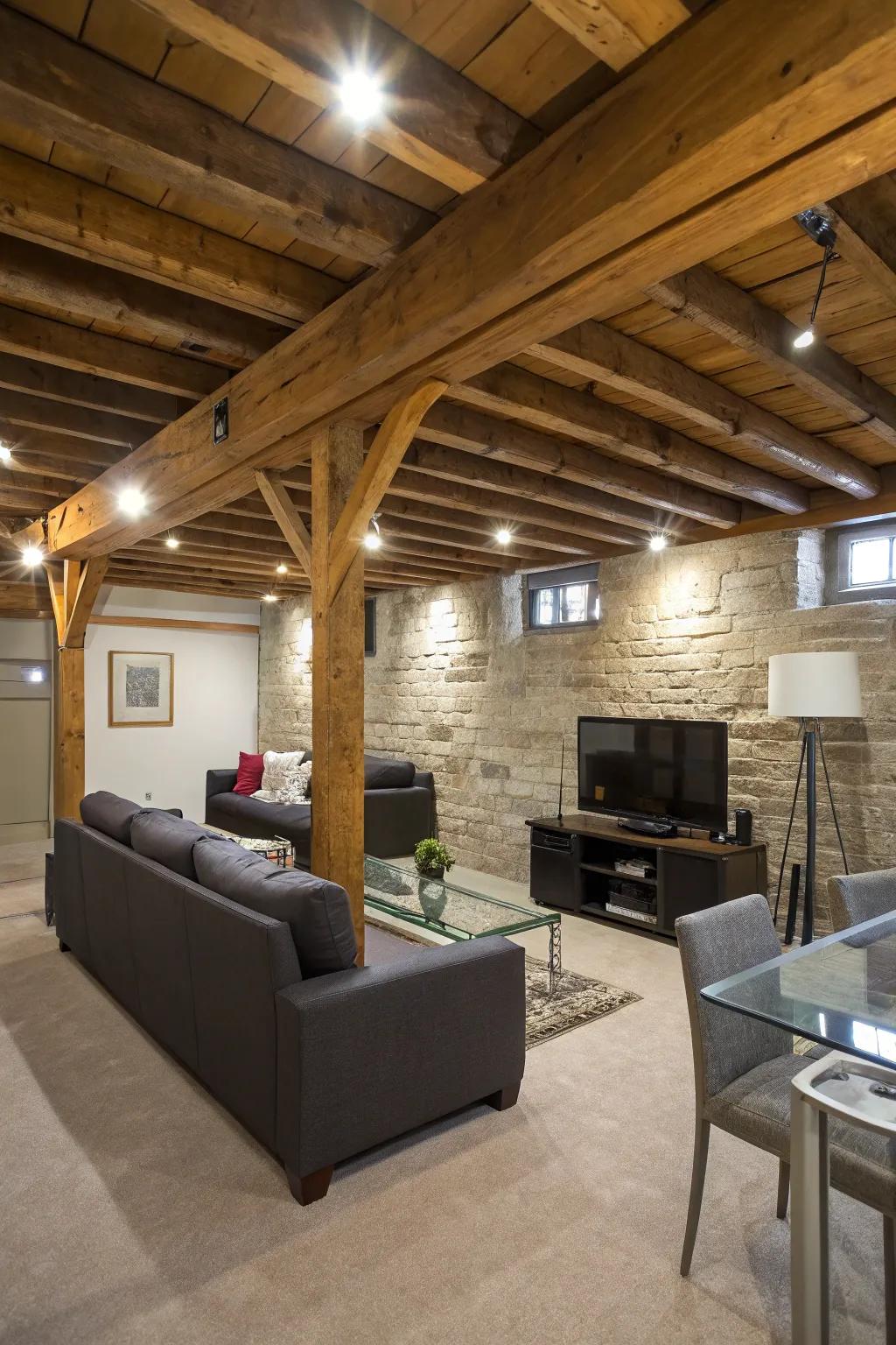 Exposed beams bring a sense of height and distinctiveness to a basement with a low ceiling.