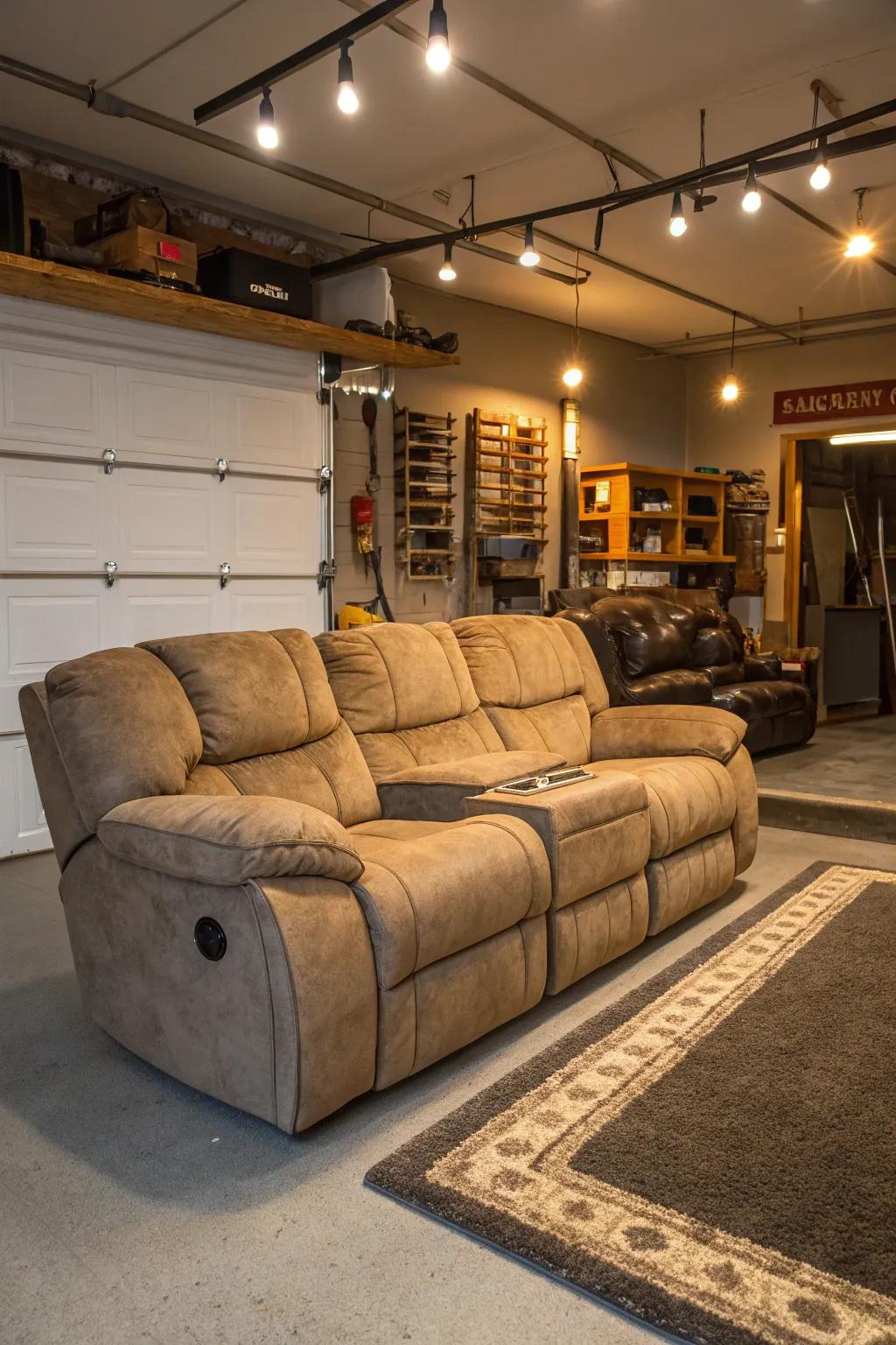 Relaxing seating creates a restful atmosphere in your garage man cave.