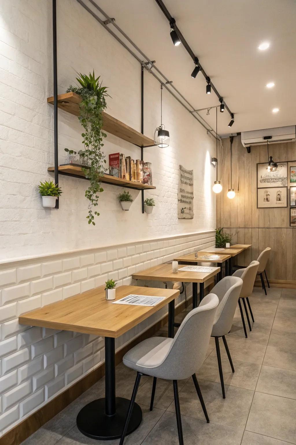 A minimalist design cultivates a soothing ambiance in a small restaurant.