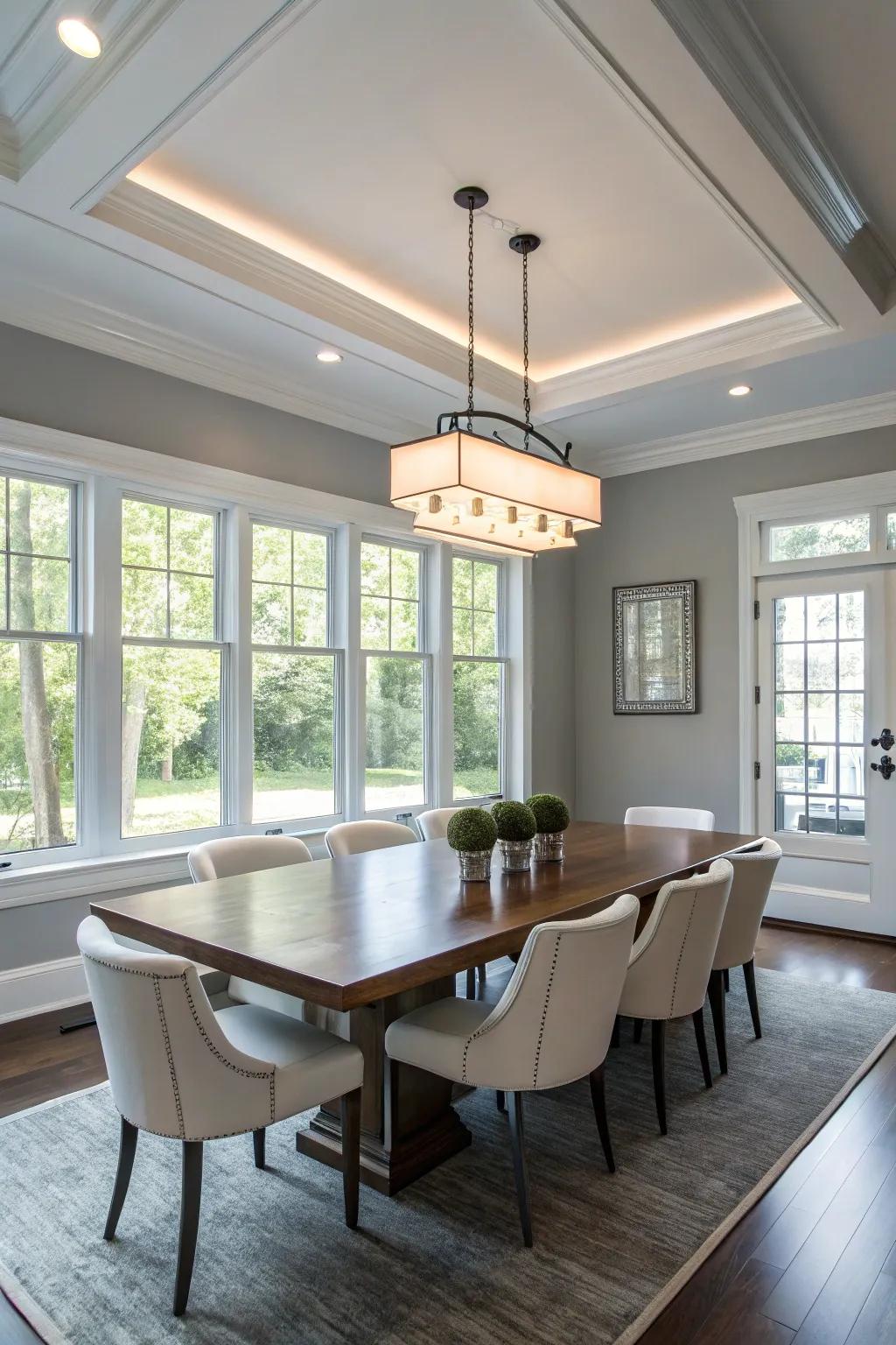 A contemporary dining space showcasing a flush mount ceiling light.