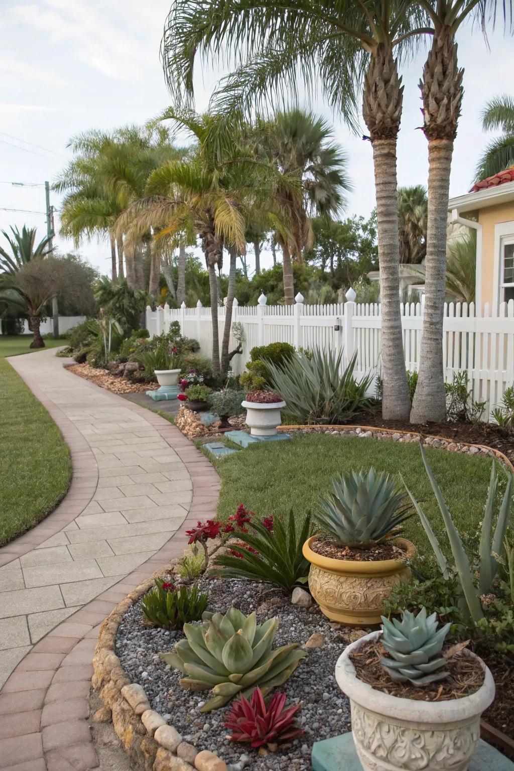 Plants that thrive without much water, flourishing in a Florida front yard.