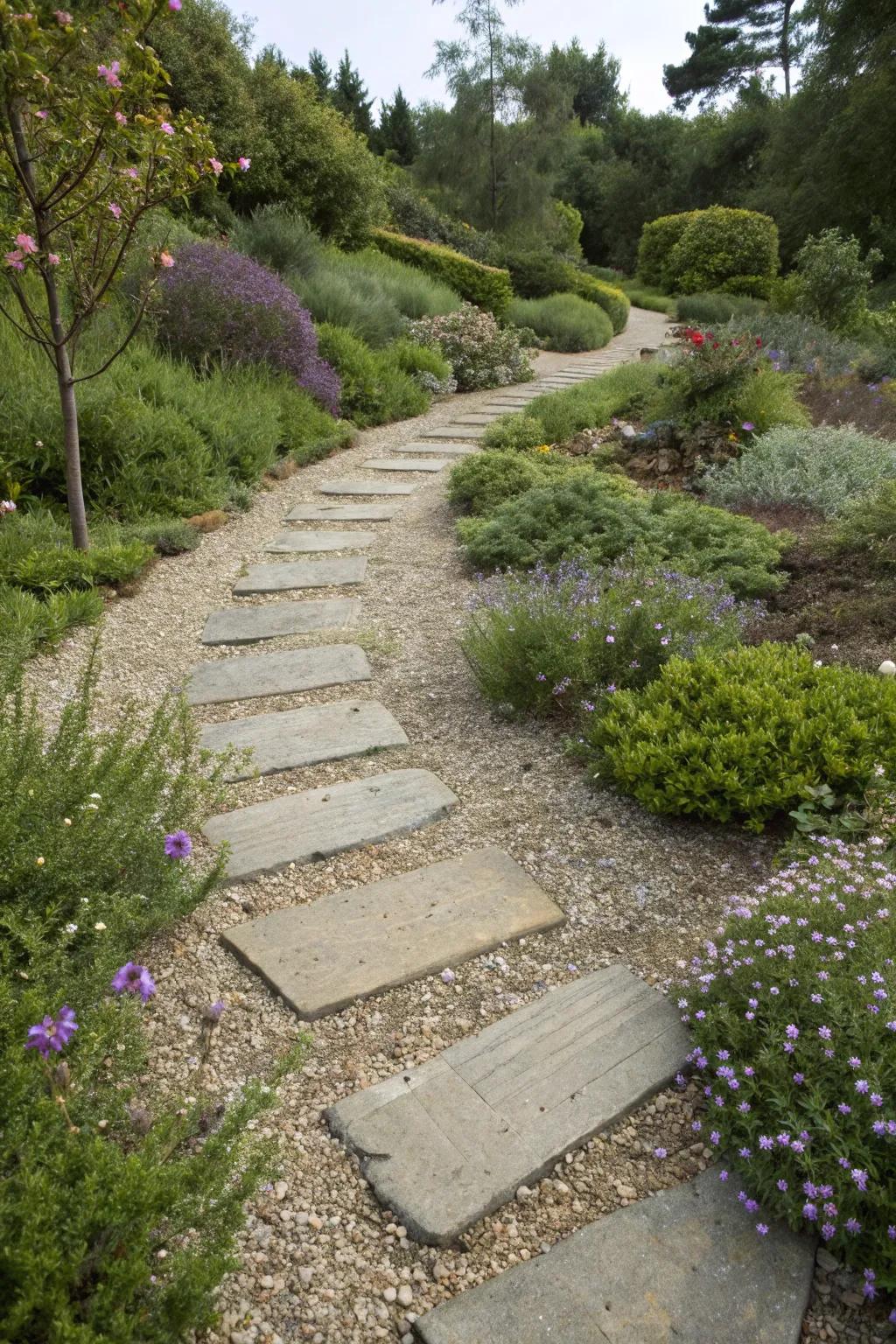 A gravel walkway bordered by vibrant, low-maintenance plants.