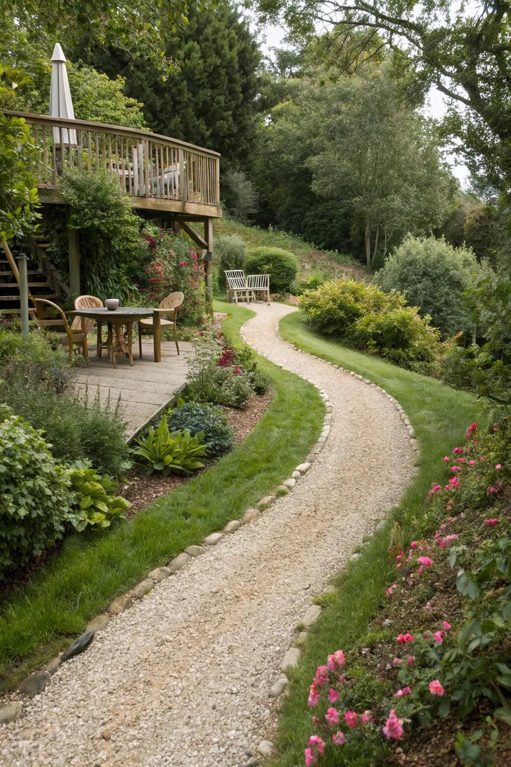 A gravel lane meandering through a garden, advancing towards an elevated deck.