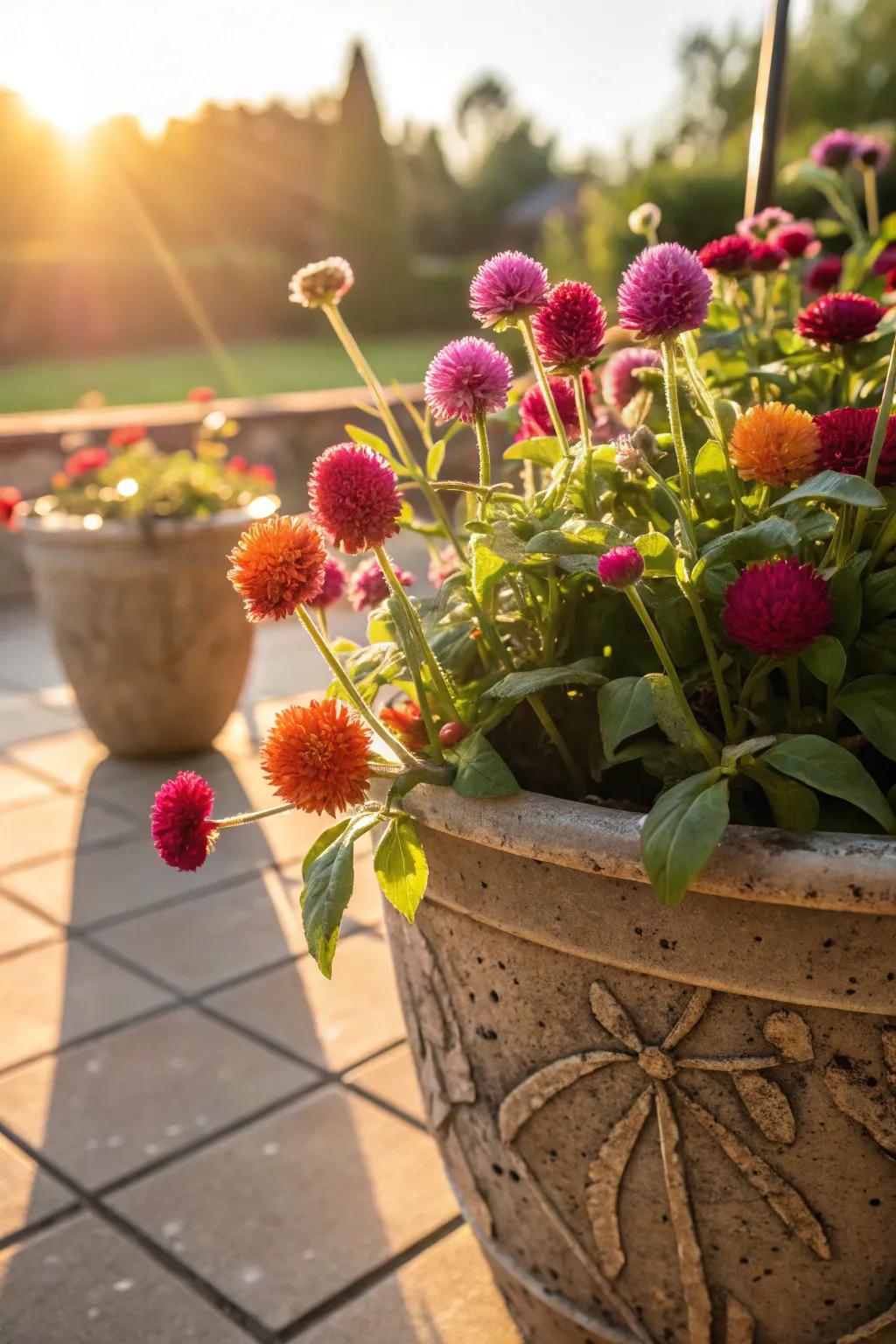 Gomphrena blossoms bringing joy to a bright, sunny patio.