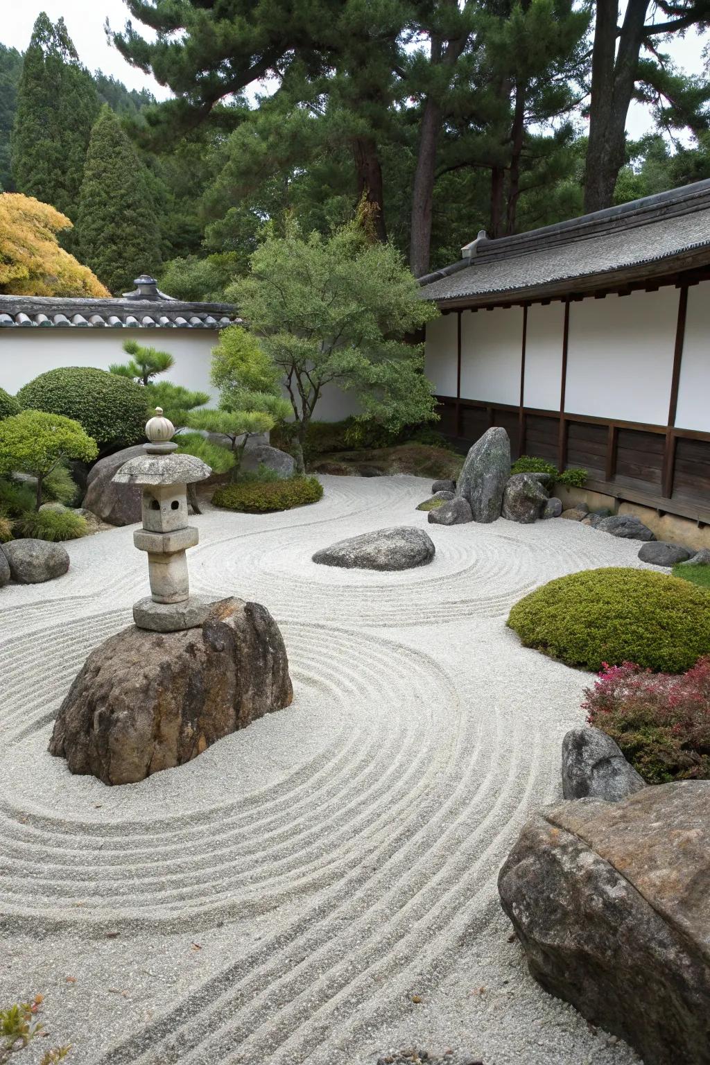 A serene zen garden designed with river stones and a minimalist approach.