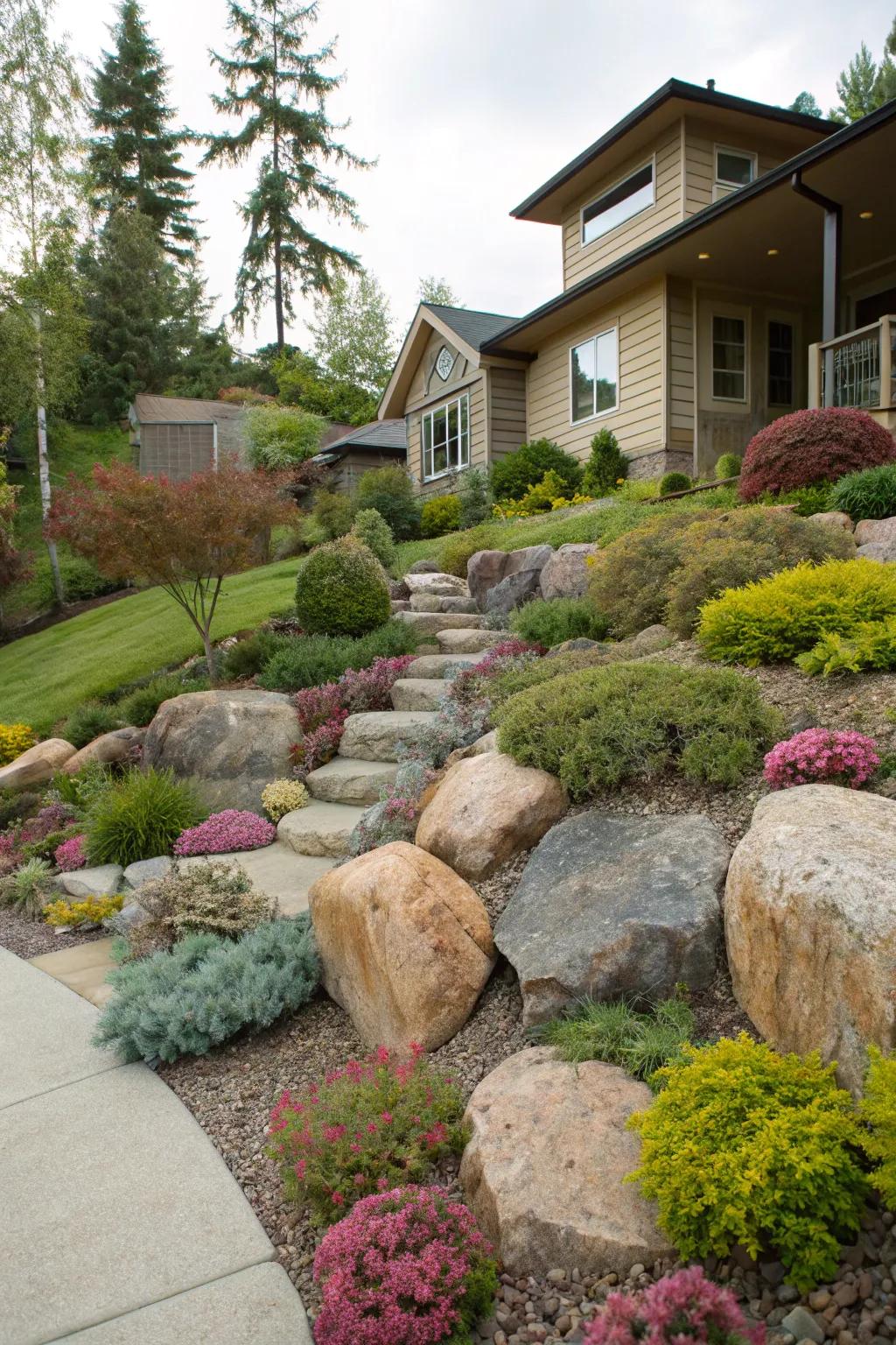 A stone arrangement merging visual allure with practical use within a sloping front garden.