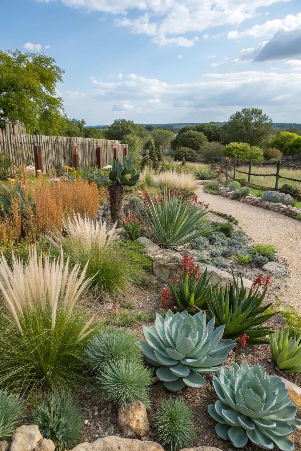 Plants that tolerate dryness, such as succulents and local grasses, are perfect for Texas landscapes.