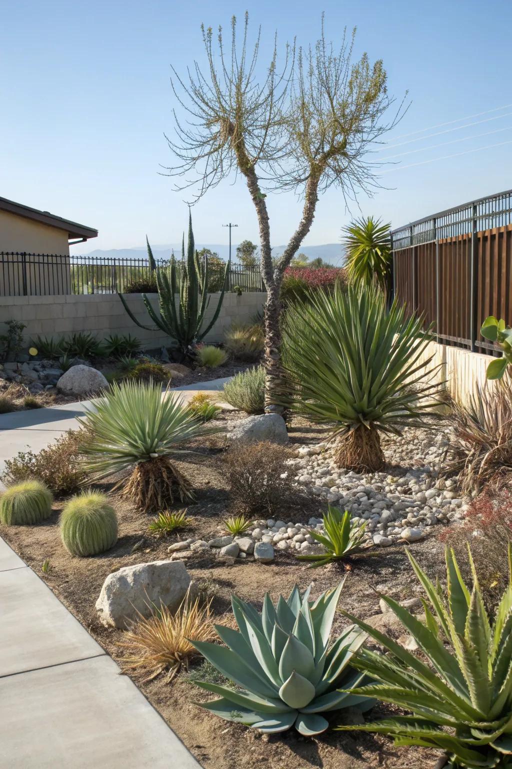Native agaves and yuccas introduce structure and sustainability to a xeriscape front yard.