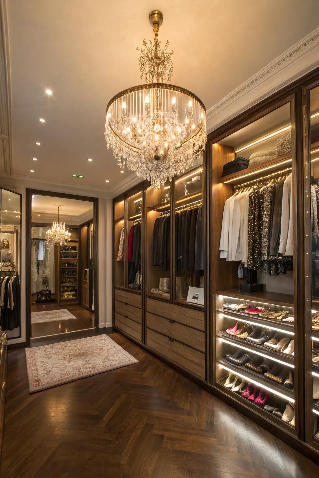 A gorgeous chandelier serving as the central point in a high-end closet.