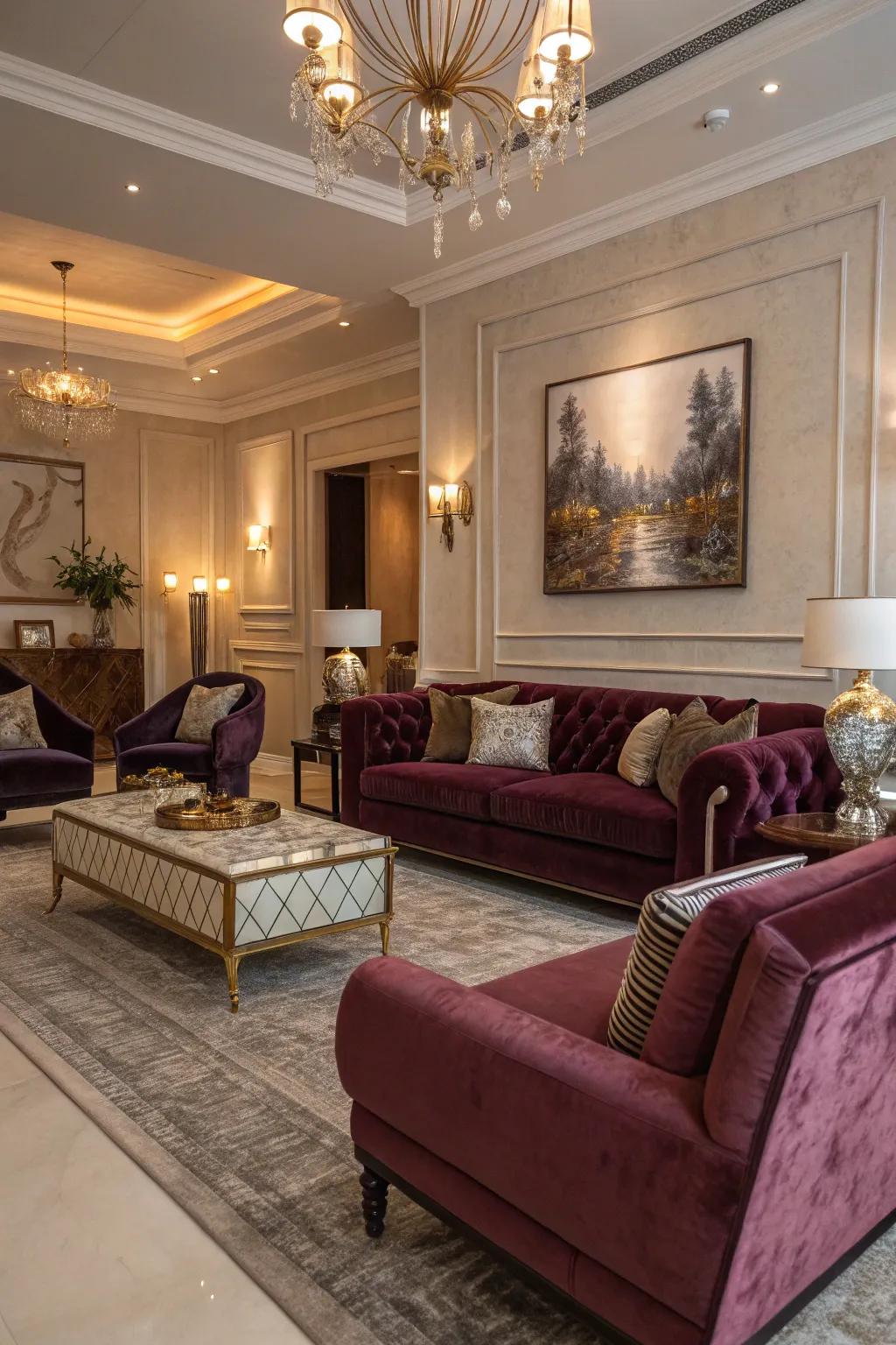 Velvet sofas and armchairs introduce an element of grandeur to this living space.