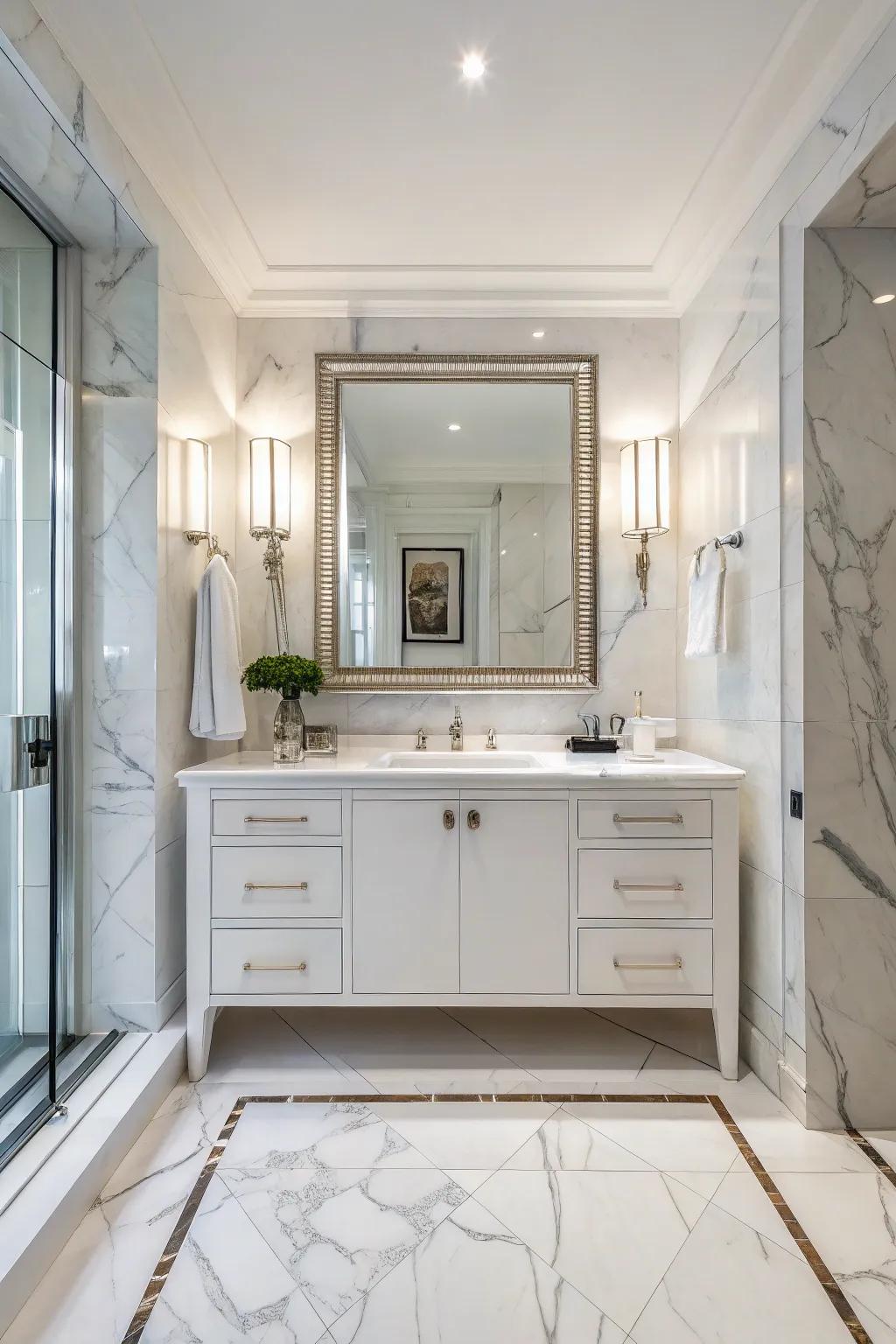 A bathroom design emphasizing white marble details for an enduring aesthetic.