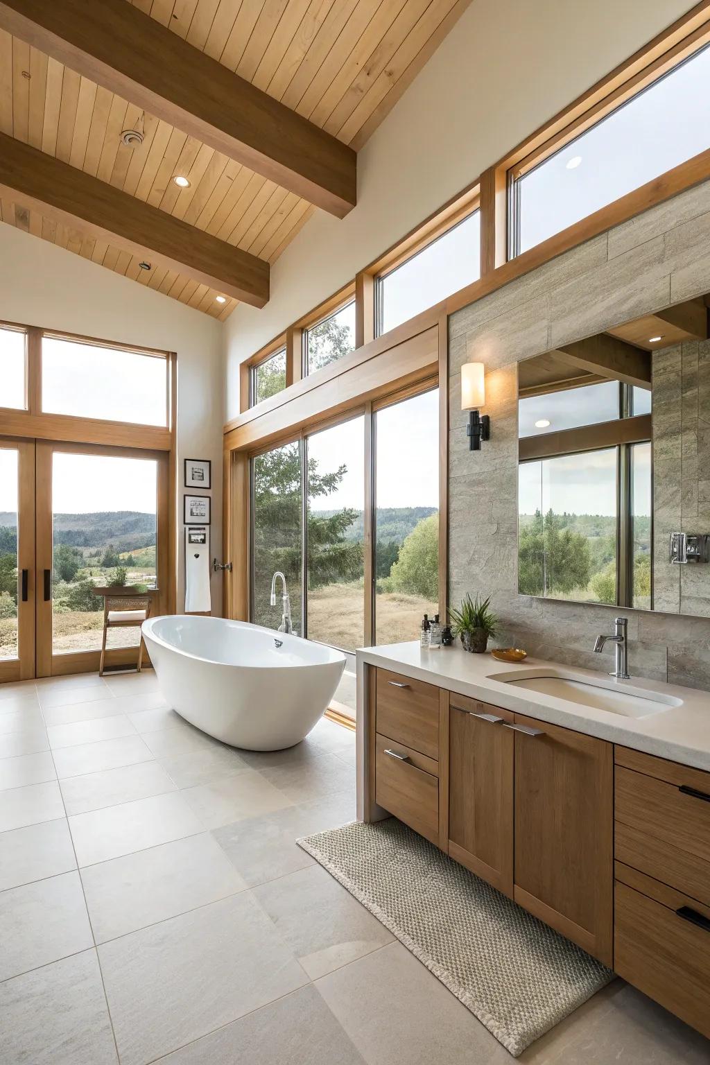 A spacious modern master bathroom featuring a minimalist layout that enhances movement and comfort.