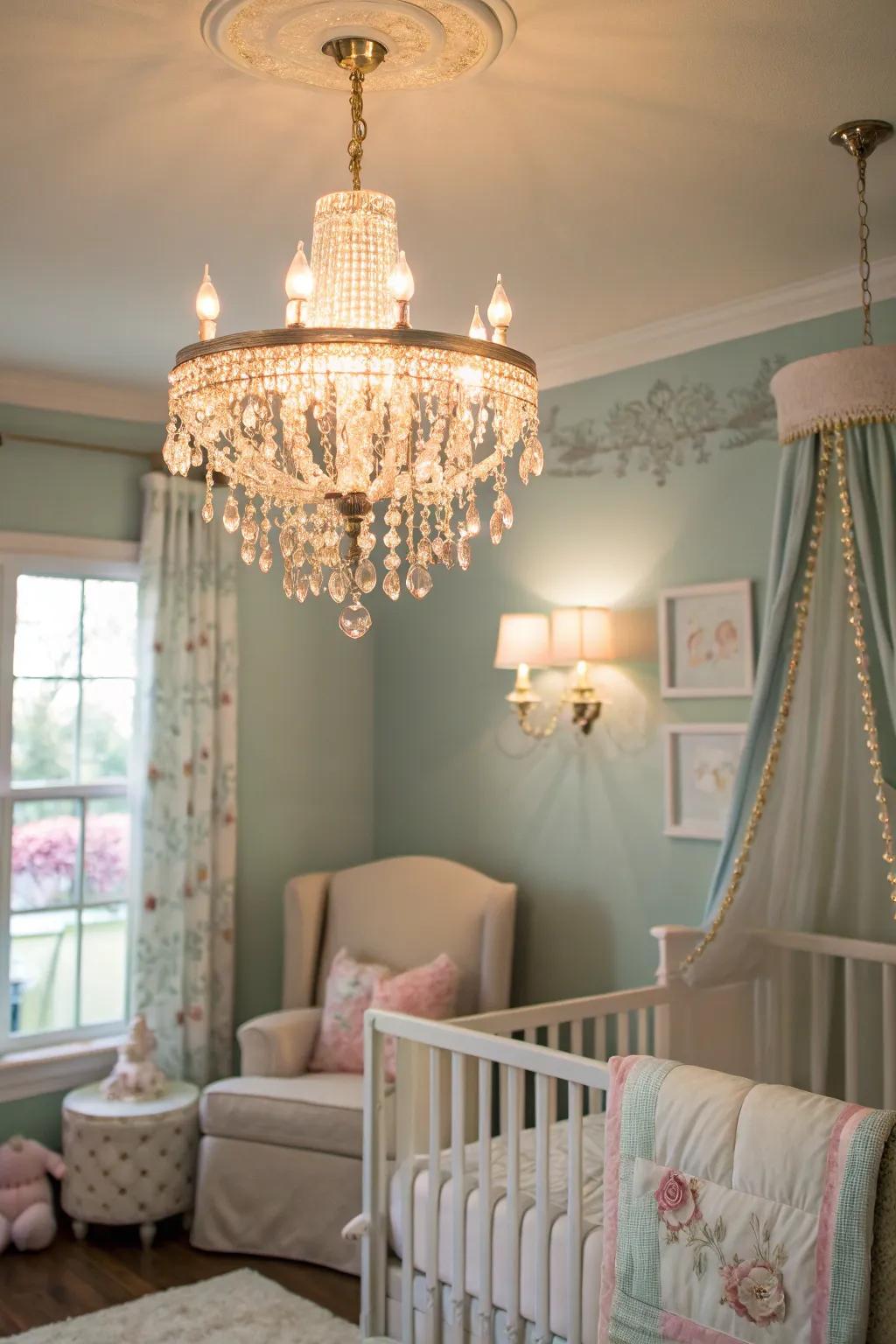 A nursery brightened by a stunning sparkling hanging light, bringing a touch of luxury.