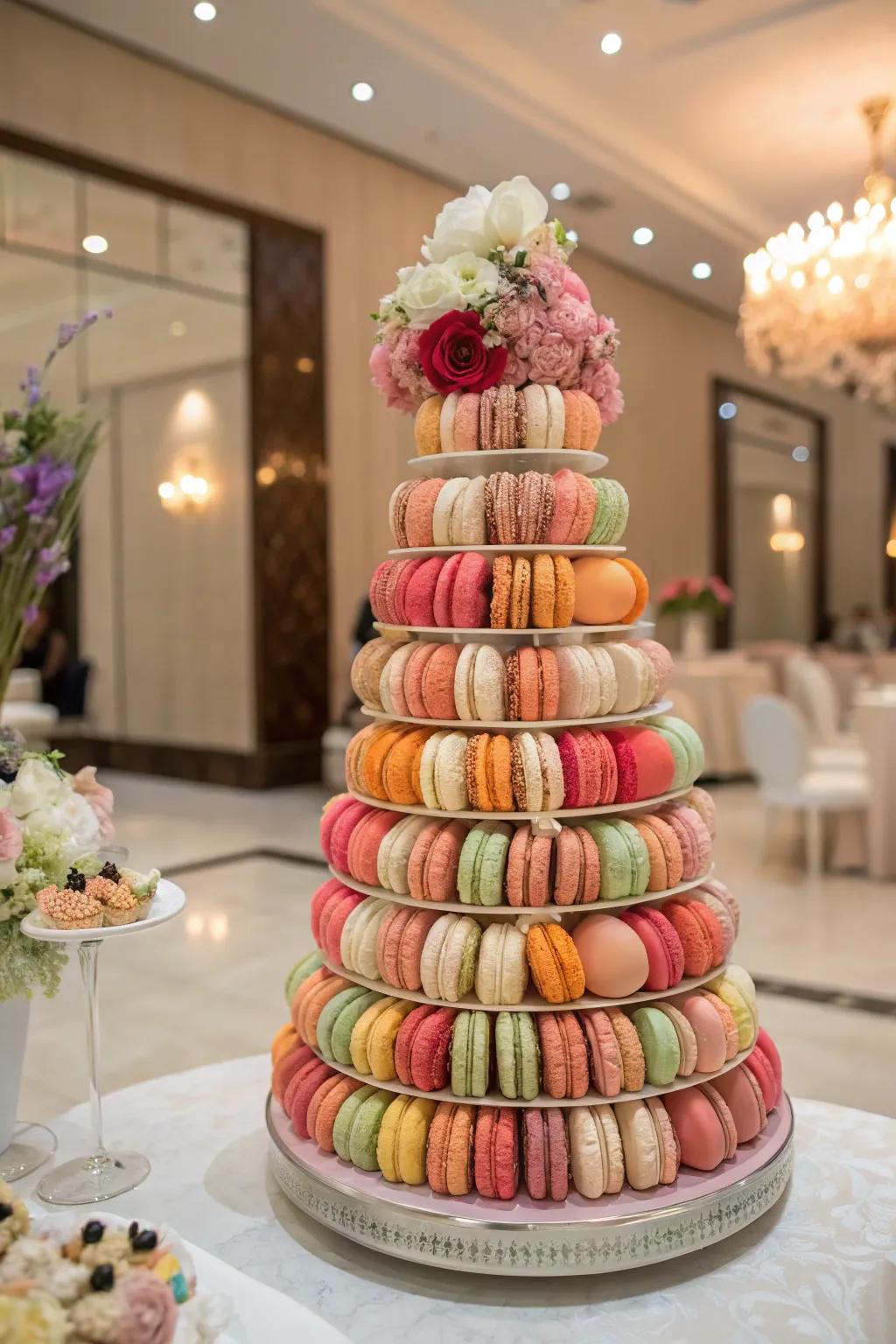 A multi-level macaron display featuring vividly colored macarons and floral highlights.
