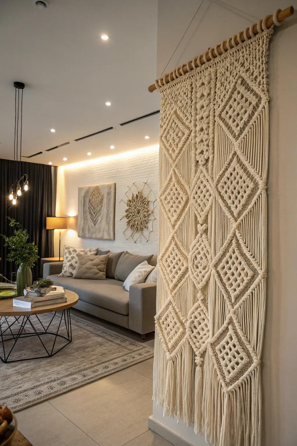 A stunning macrame wall hanging brings a sense of sophistication to a family room.