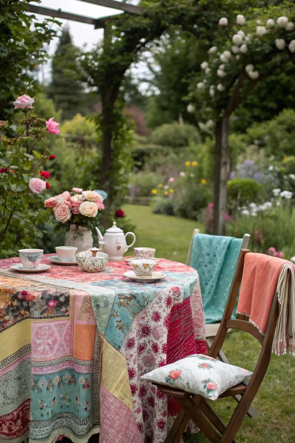 A quirky tea table featuring mismatched teacups and lively tablecloths, perfect for a Mad Hatter celebration.