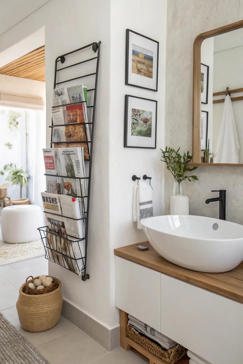 A wall-mounted rack helps maintain a neat and stylish bathroom.