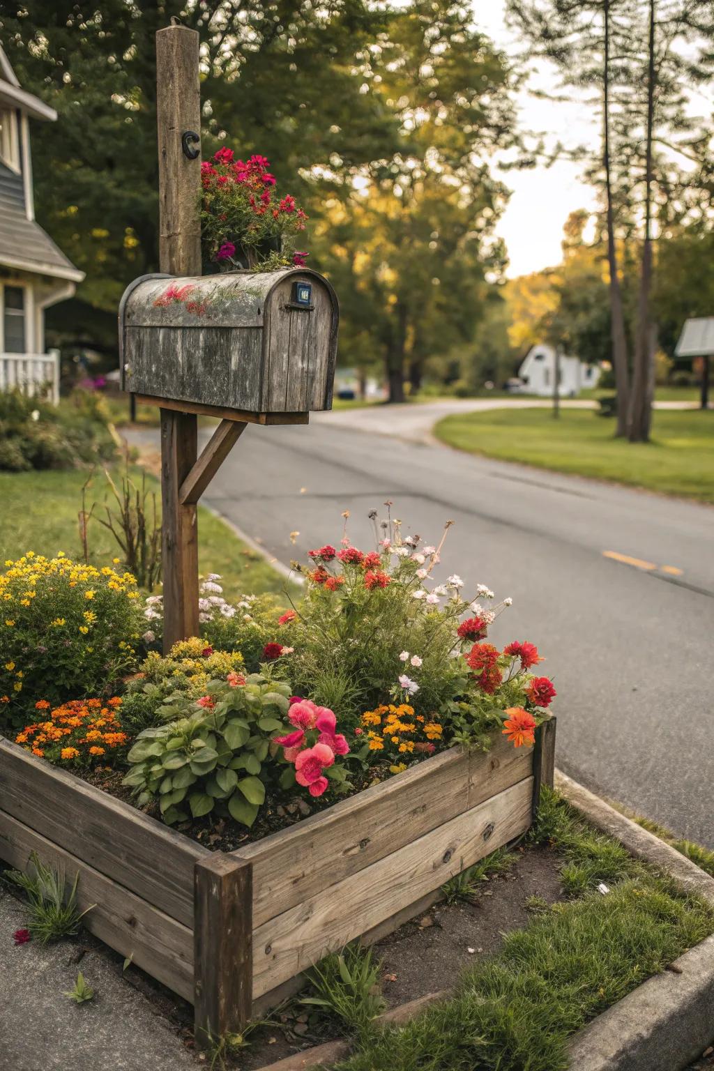 Wooden edges beautifully accentuate this charming mailbox flower bed.