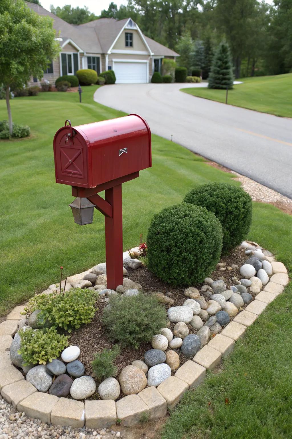 Employing stones to delineate distinct borders around the mailbox space.