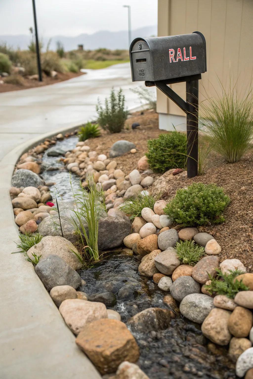 A serene stony stream design provides calmness to your mailbox space.