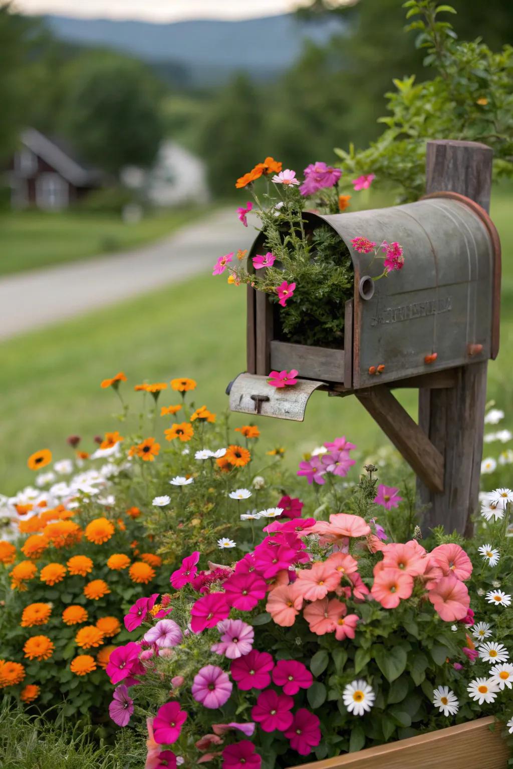 A vibrant floral display transforms a basic mailbox into a welcoming beacon.