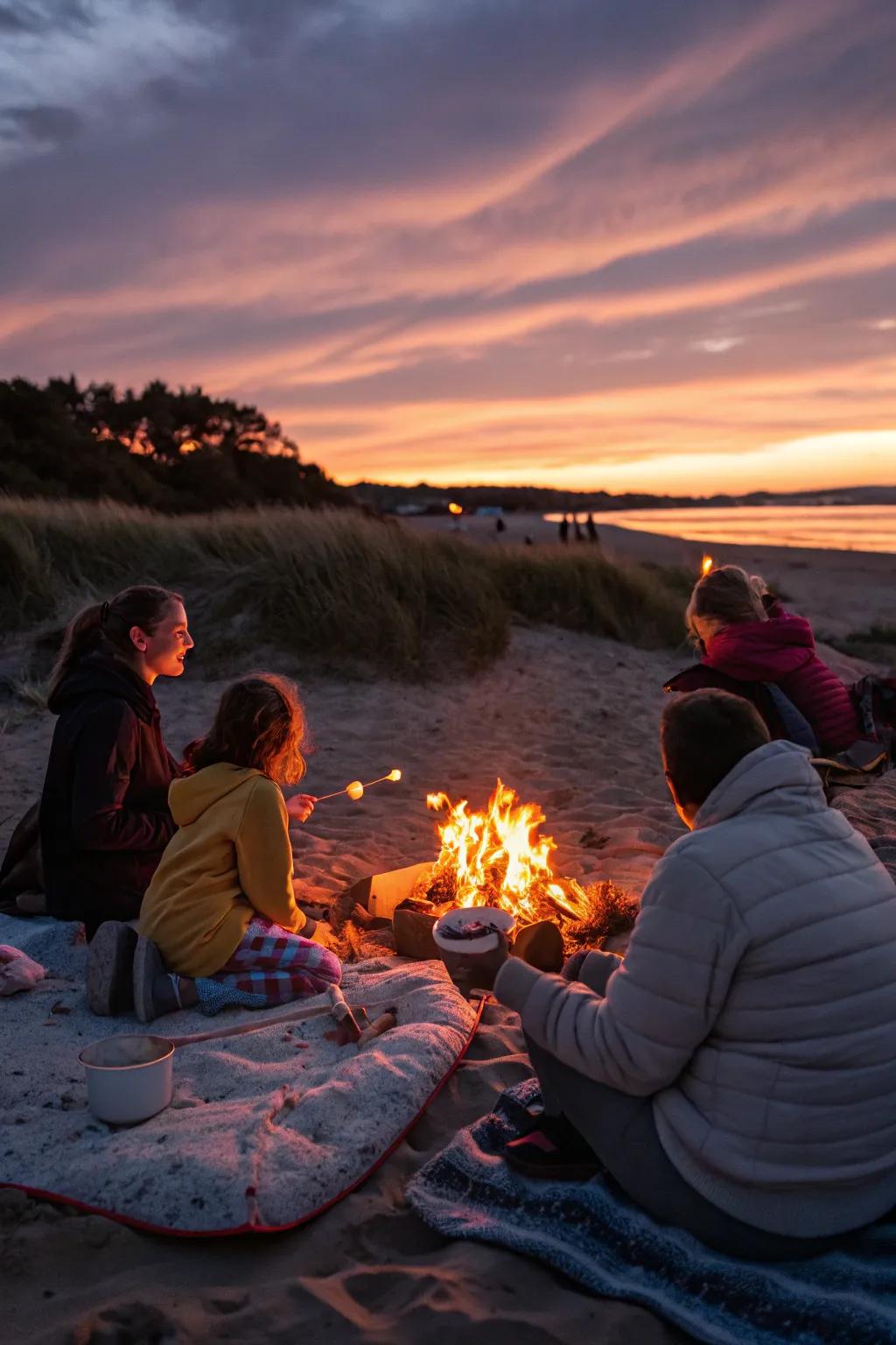 A comforting seaside bonfire arrangement for loved ones to share stories.