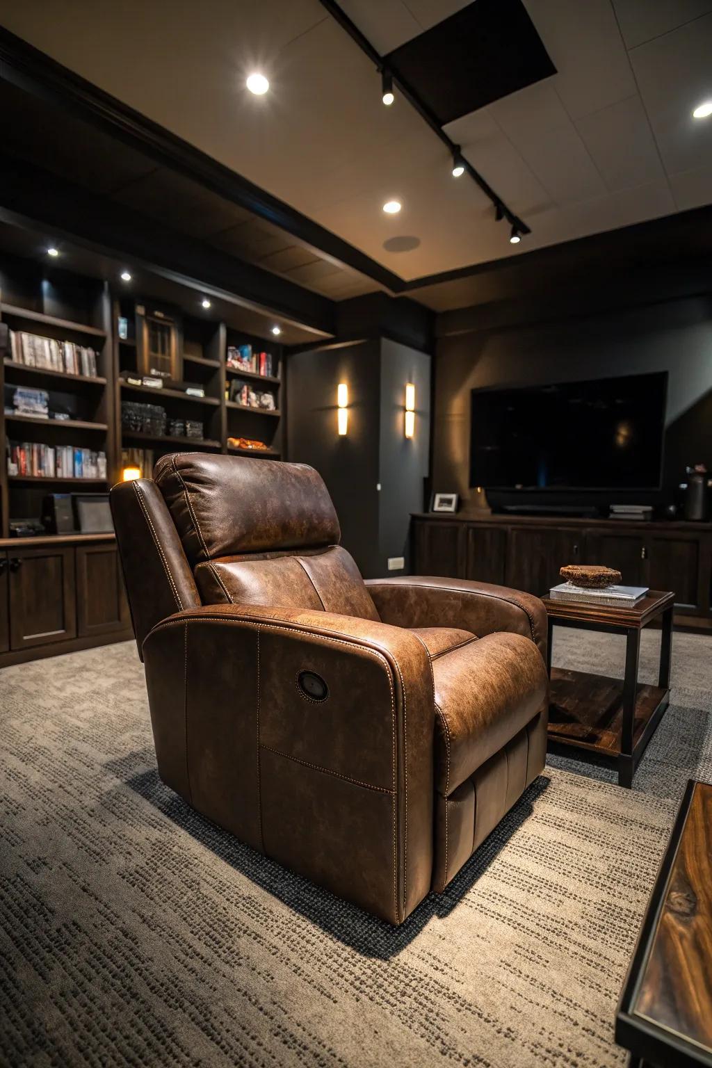 An ageless leather seat adds sophistication to your man cave.