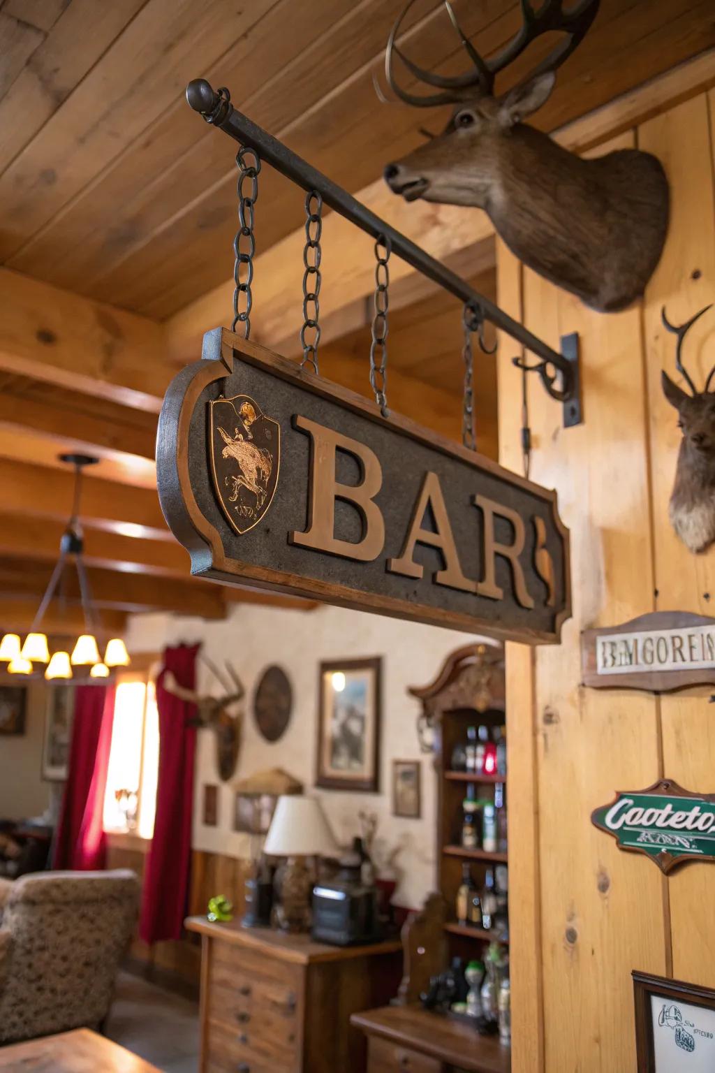 A personalized metal bar sign enhances the man cave with character.