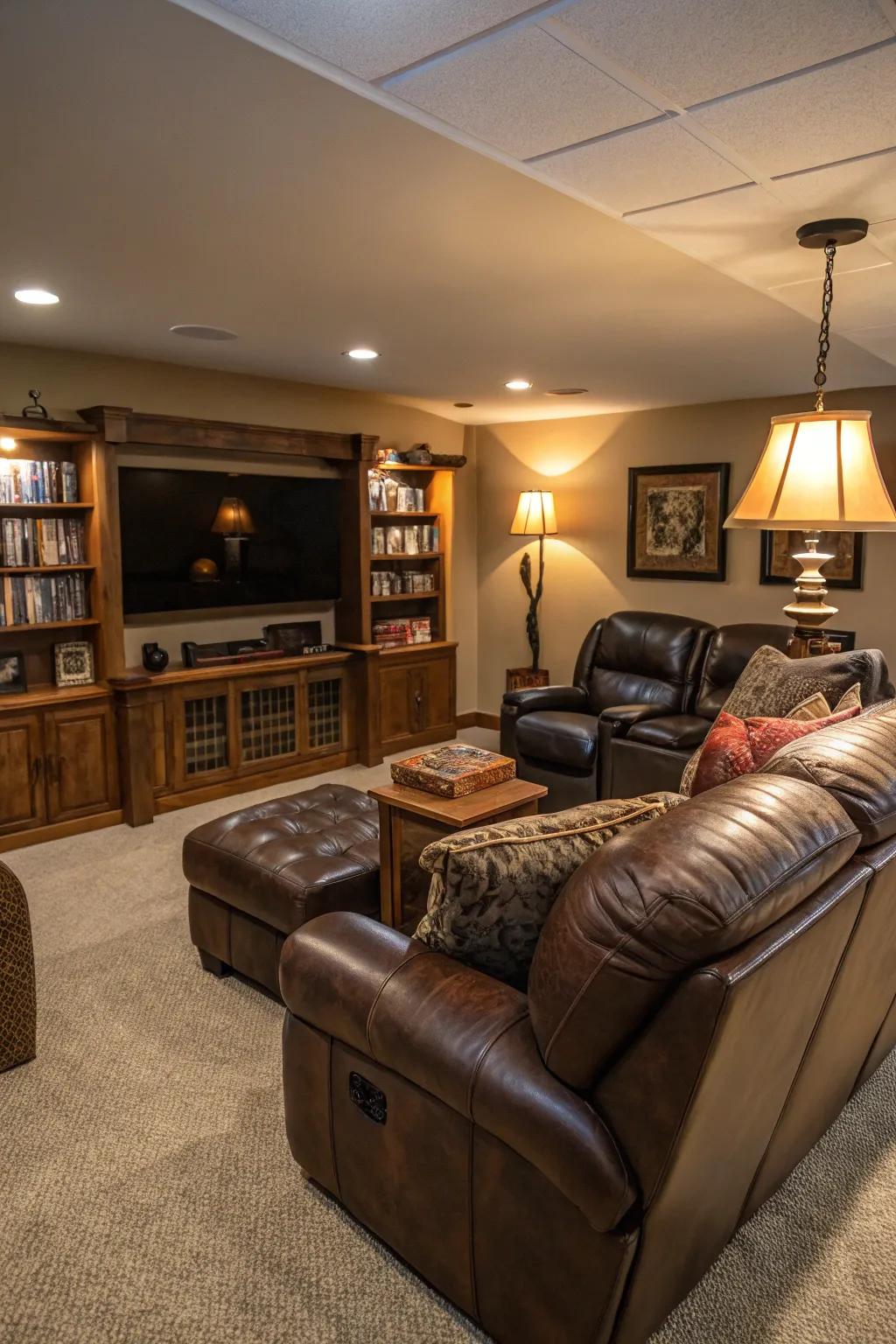 A snug man cave showcasing a plush leather couch and seats.