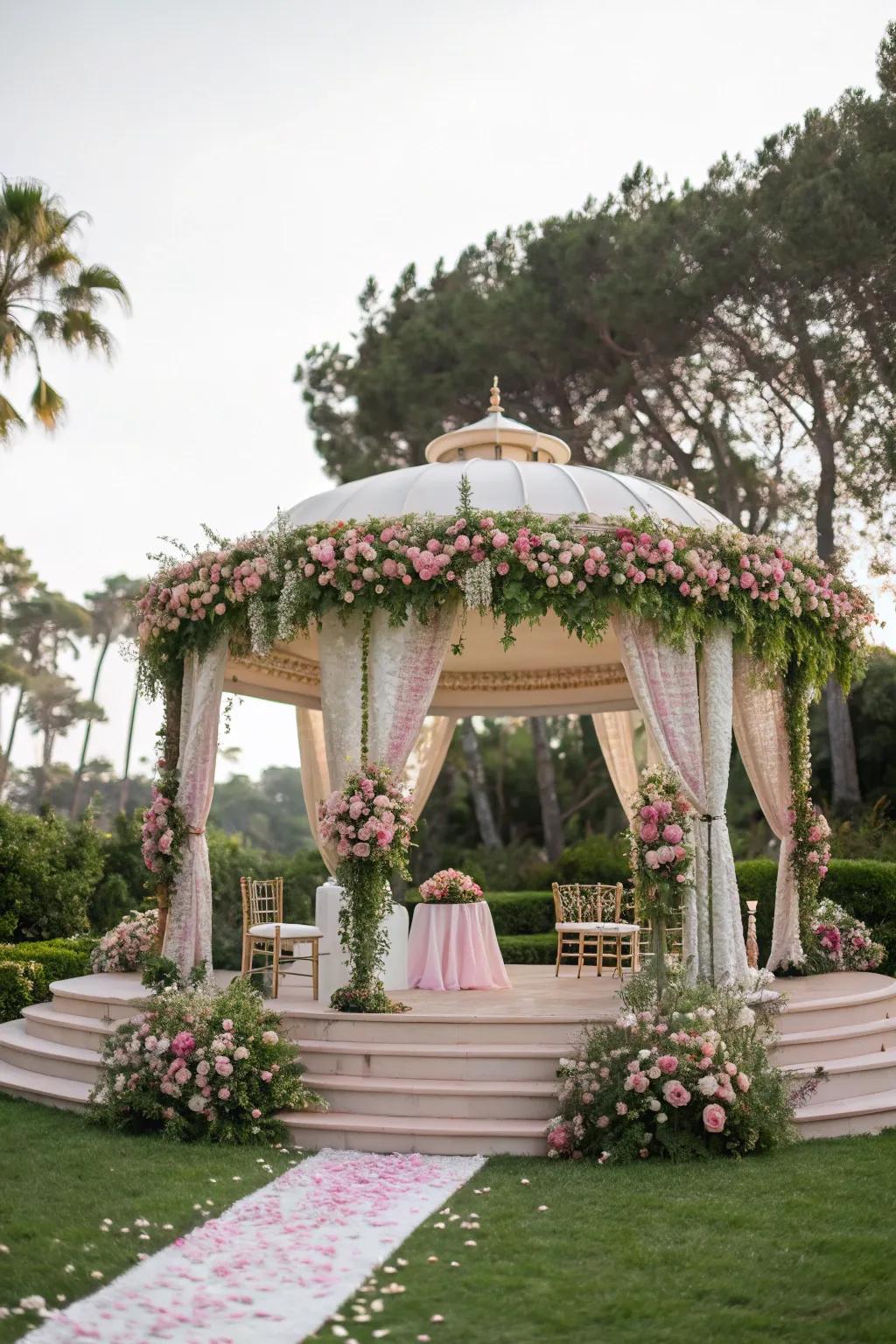 A dreamy blossom-filled bower crafts a fairytale setting for a mandap.
