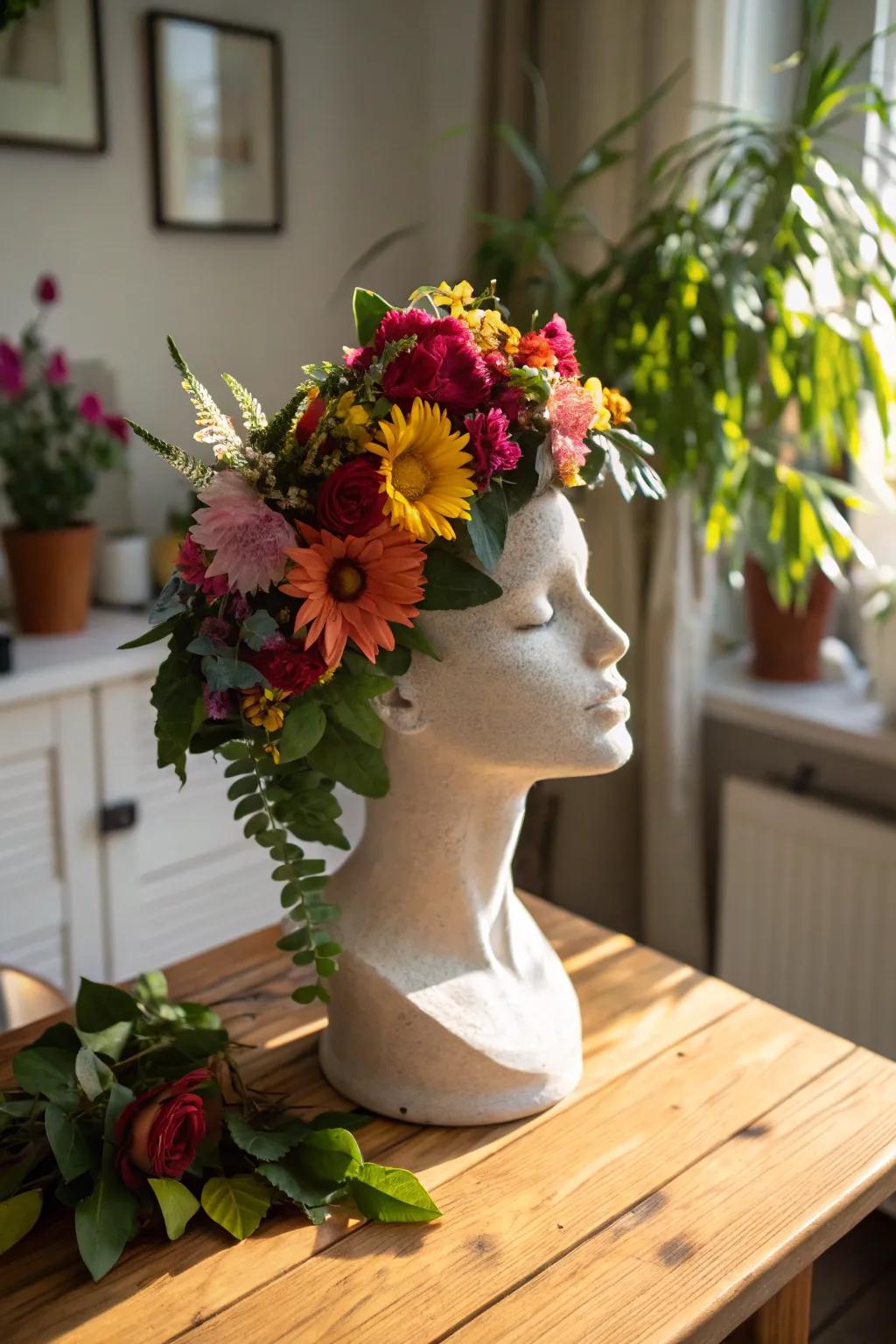 Floral decorations on mannequin heads introduce a hint of the outdoors to any living space.