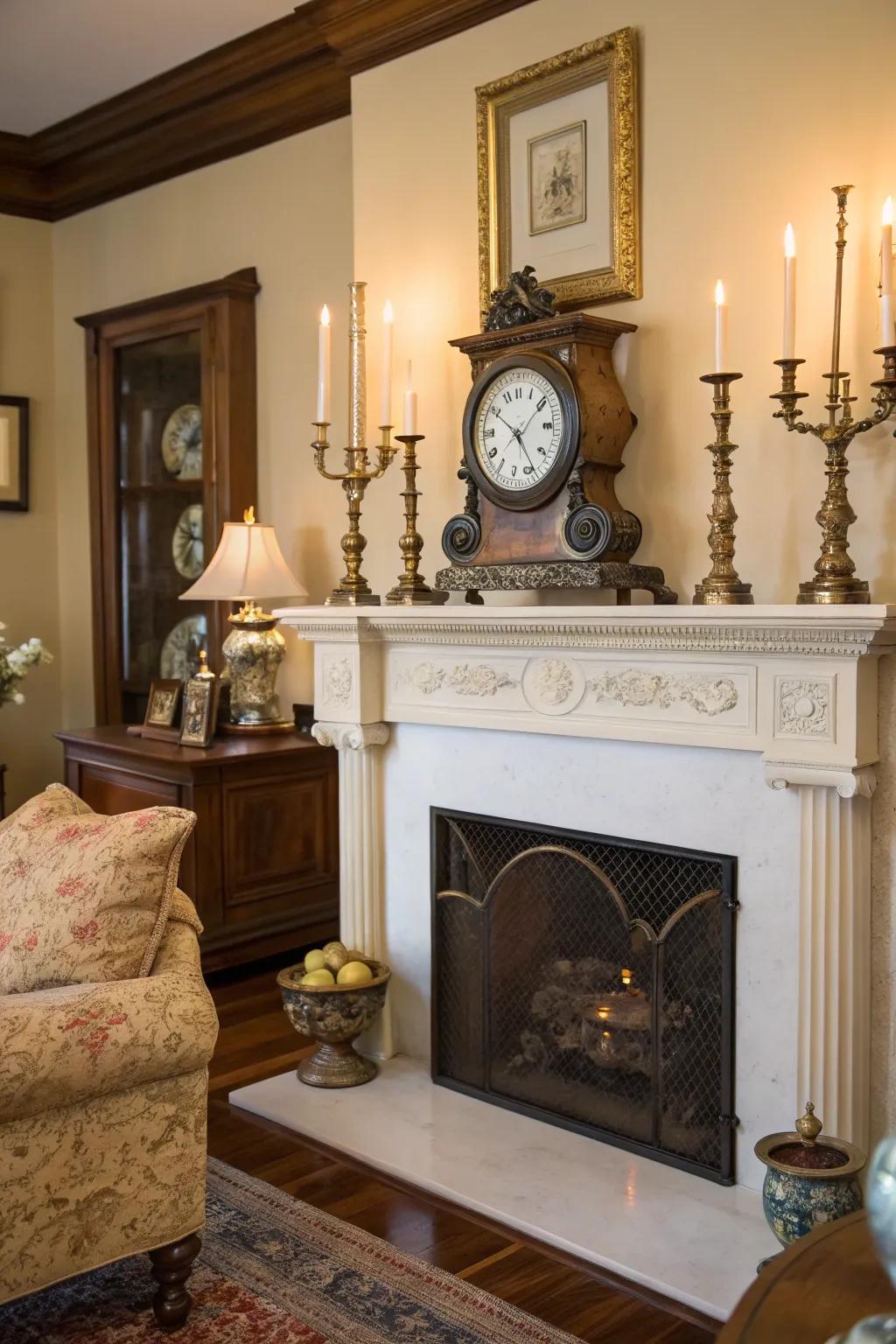 A classic arrangement featuring a clock and ornate candle stands.