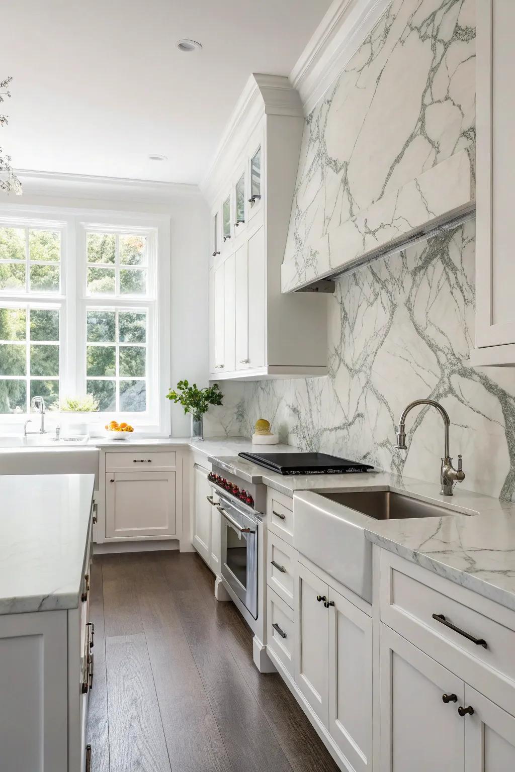 A kitchen showcasing a timeless white marble backsplash, radiating class and simplicity.