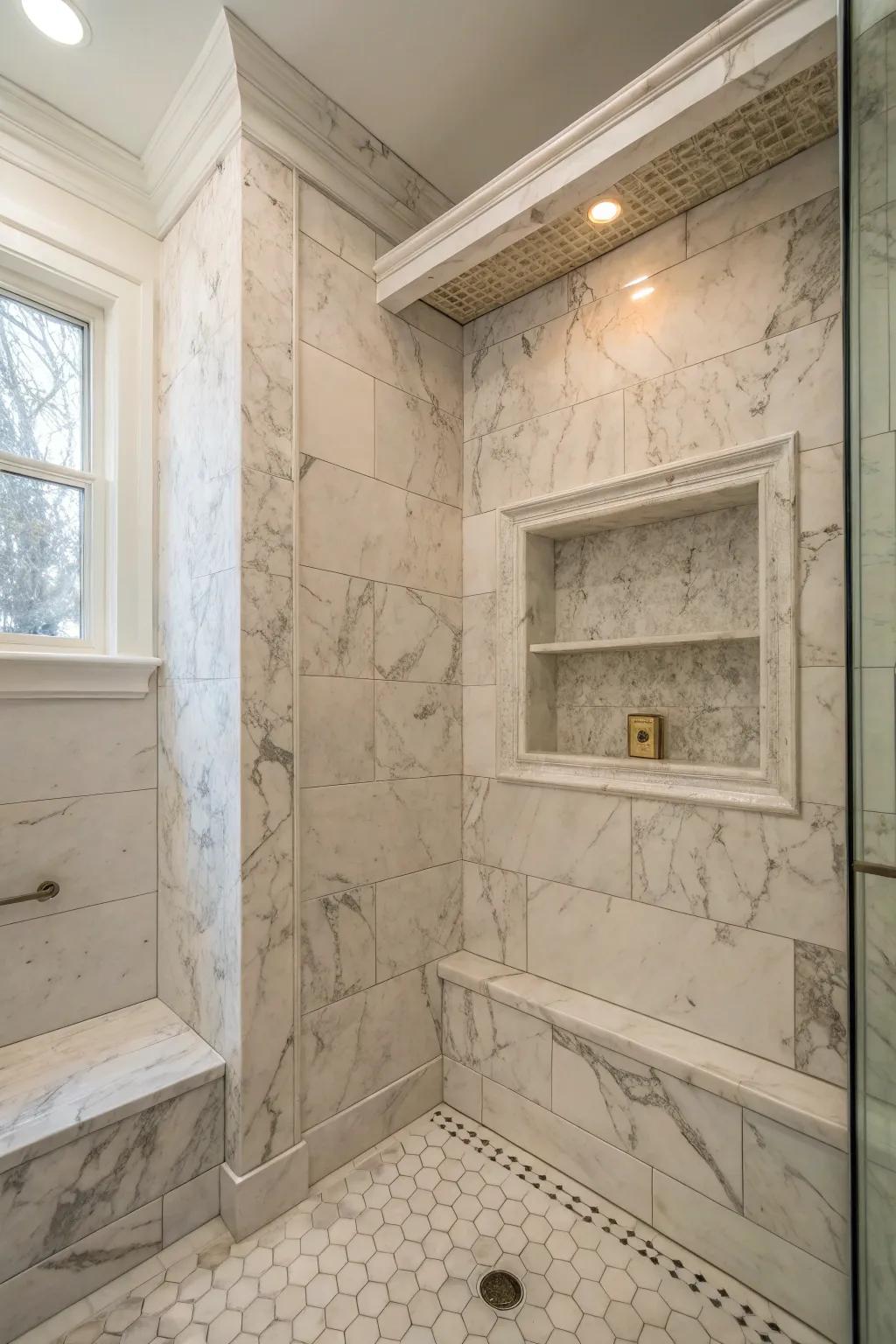 A perfectly matched Carrara marble niche forms a seamless and sophisticated shower space.