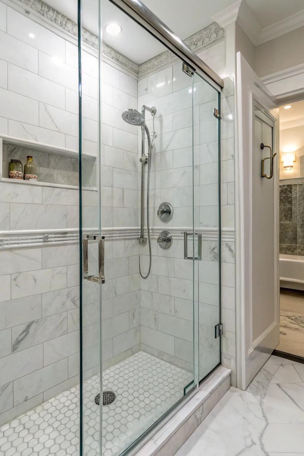 White marble tiles bring timeless elegance to your shower space.