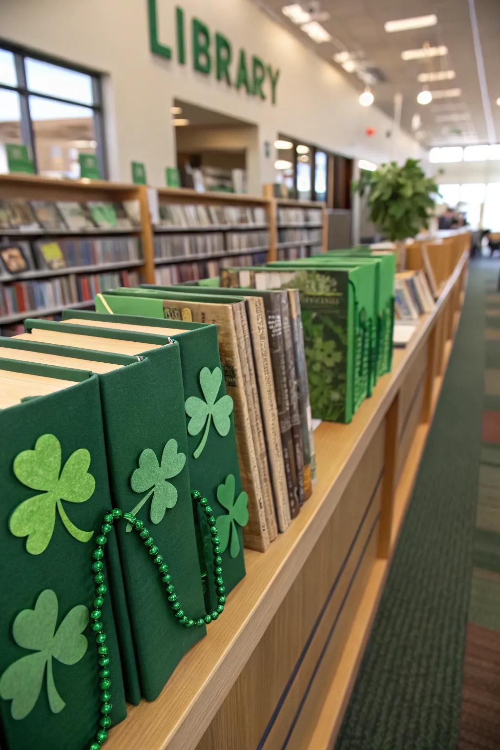 Books wrapped in verdant hues with shamrock embellishments for St. Patrick's festivities.