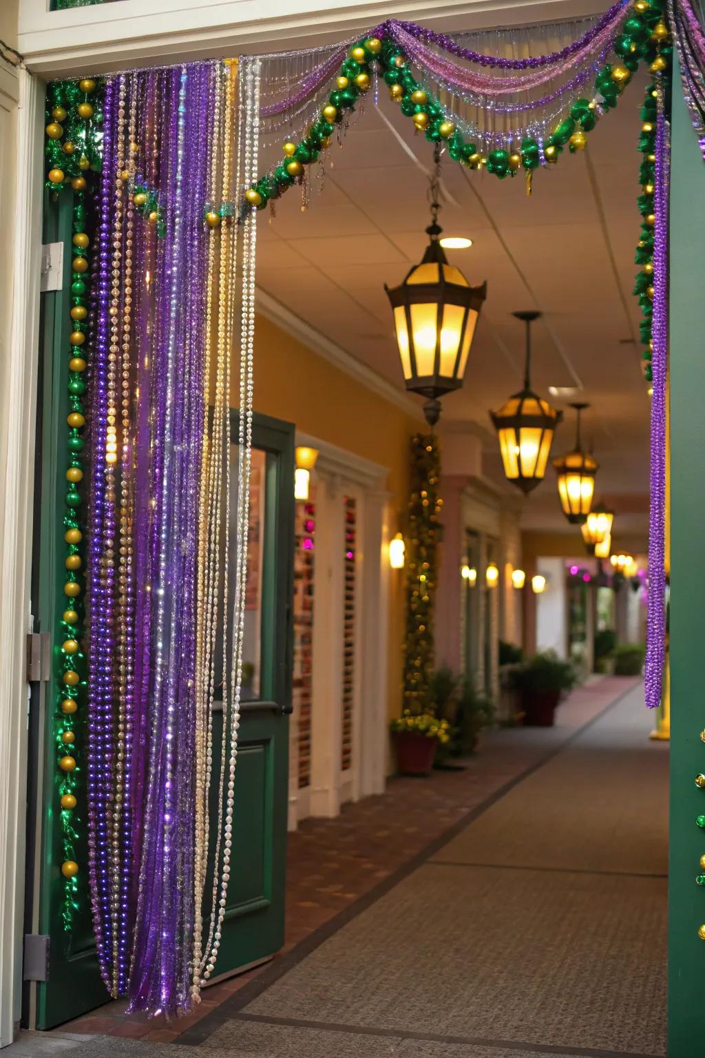 A charming beaded doorway in Mardi Gras hues welcomes guests and sets the party's tone