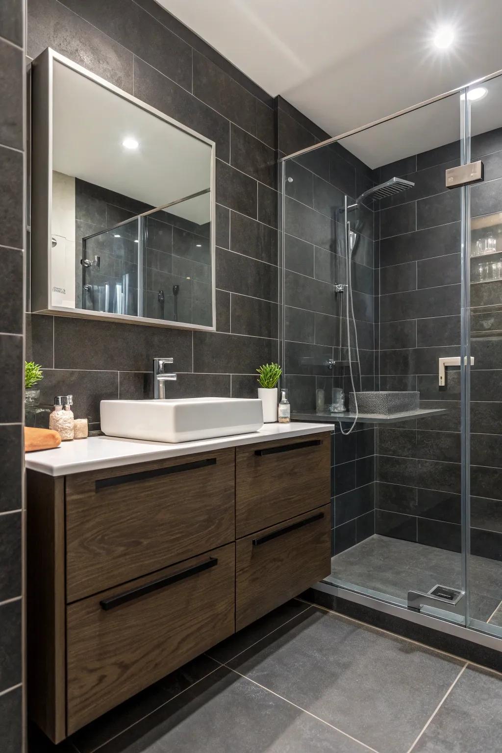 A bathroom displaying elegant darkness with graphite tiles.