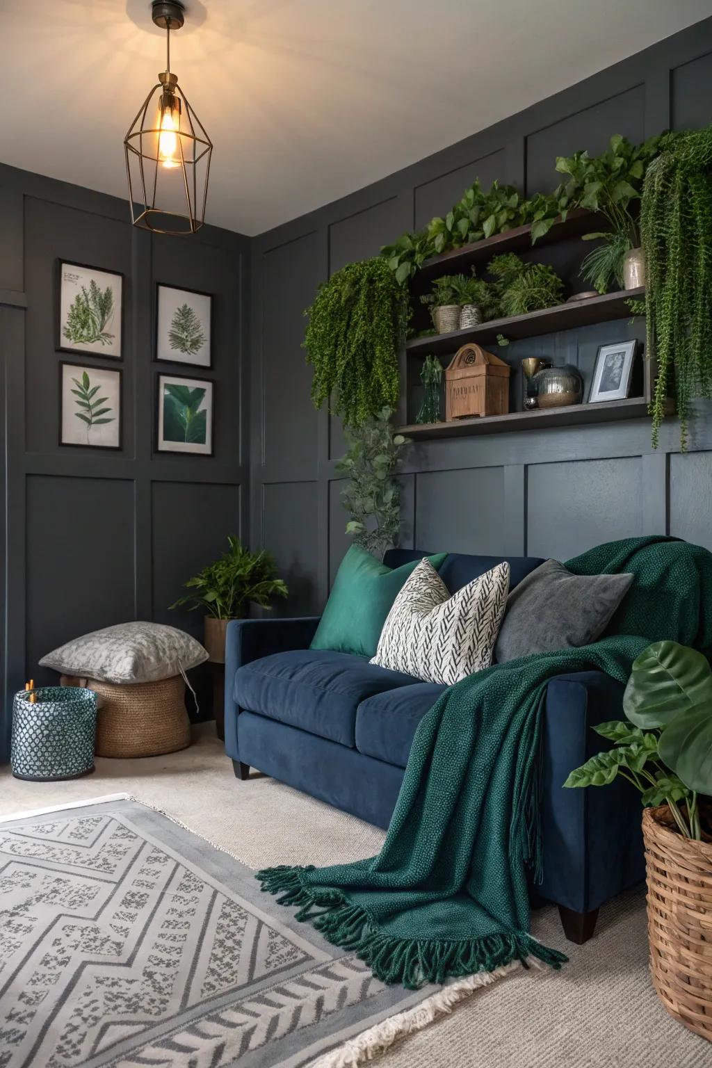 A den featuring dark gray walls and vibrant deep blue details.