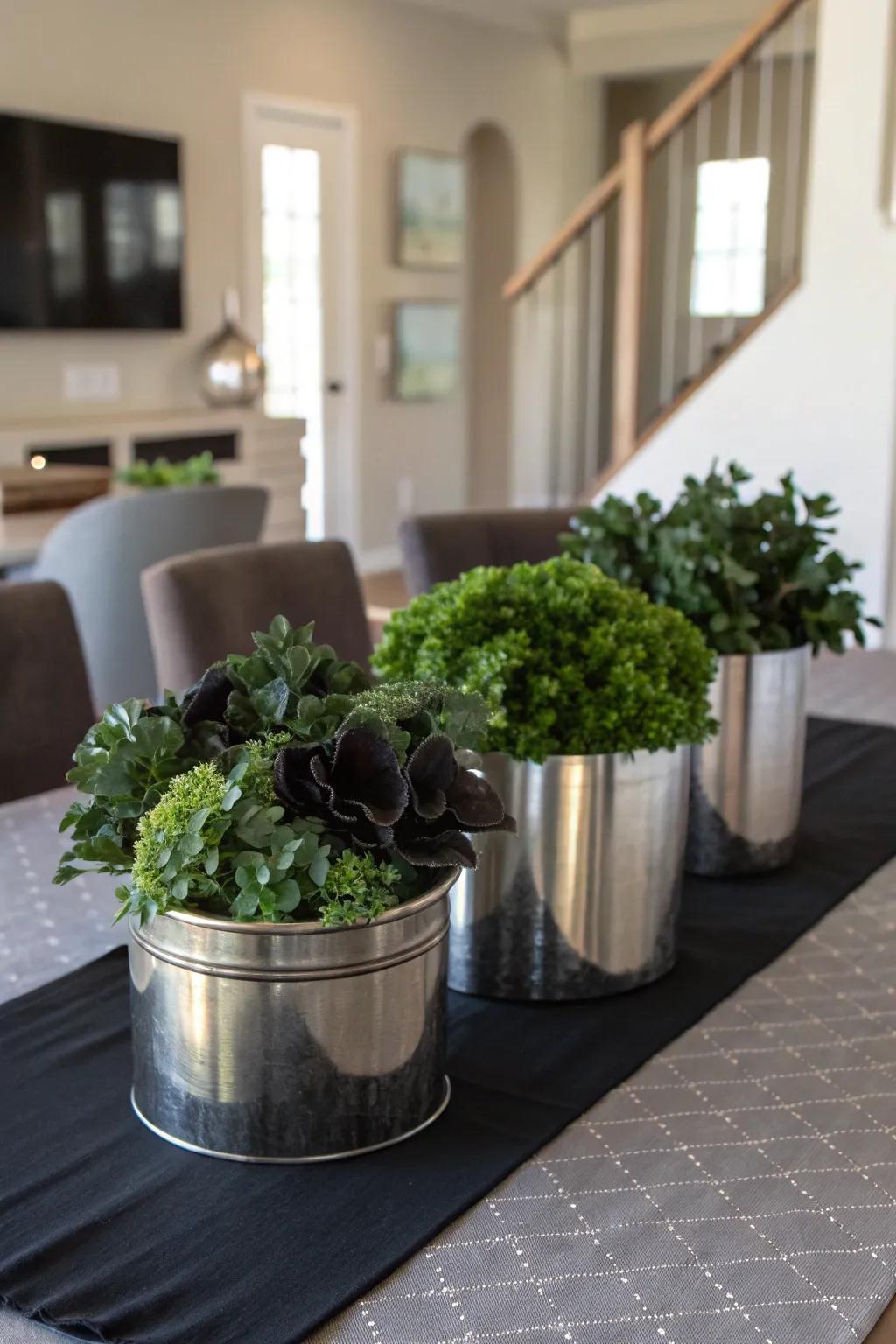 Urban elements like burnished metal craft a sophisticated, masculine centerpiece.